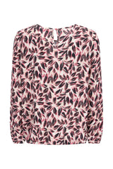 Rosa schwarze bluse blütenprint mit langen ärmeln und schlüsselloch-detail auf der rückseite