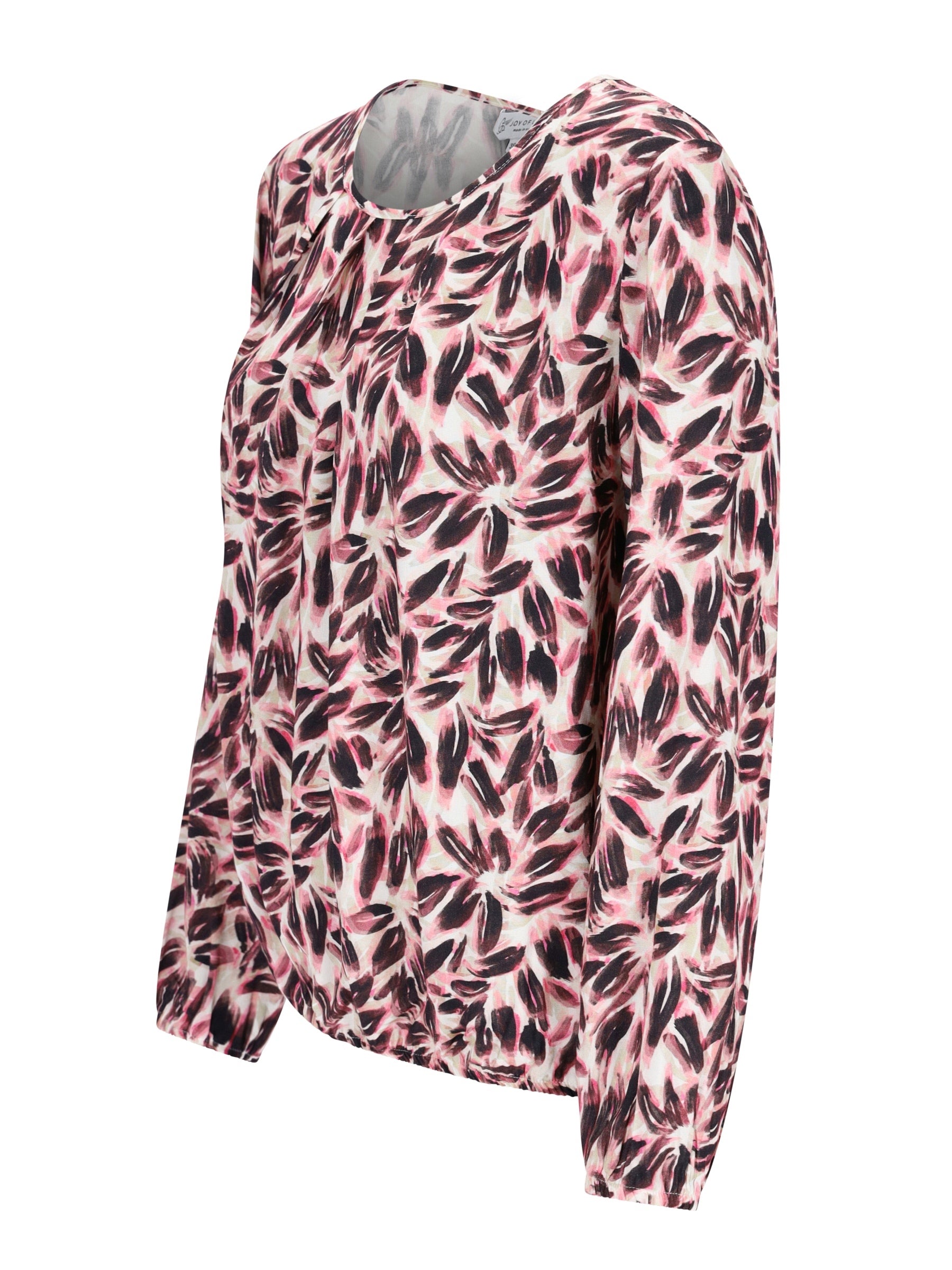 Bluse Blütenprint langärmlig weich fließend in zartem rosa mit schwarzem blattmuster aus leichter viskose