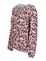 Bluse Blütenprint langärmlig weich fließend in zartem rosa mit schwarzem blattmuster aus leichter viskose