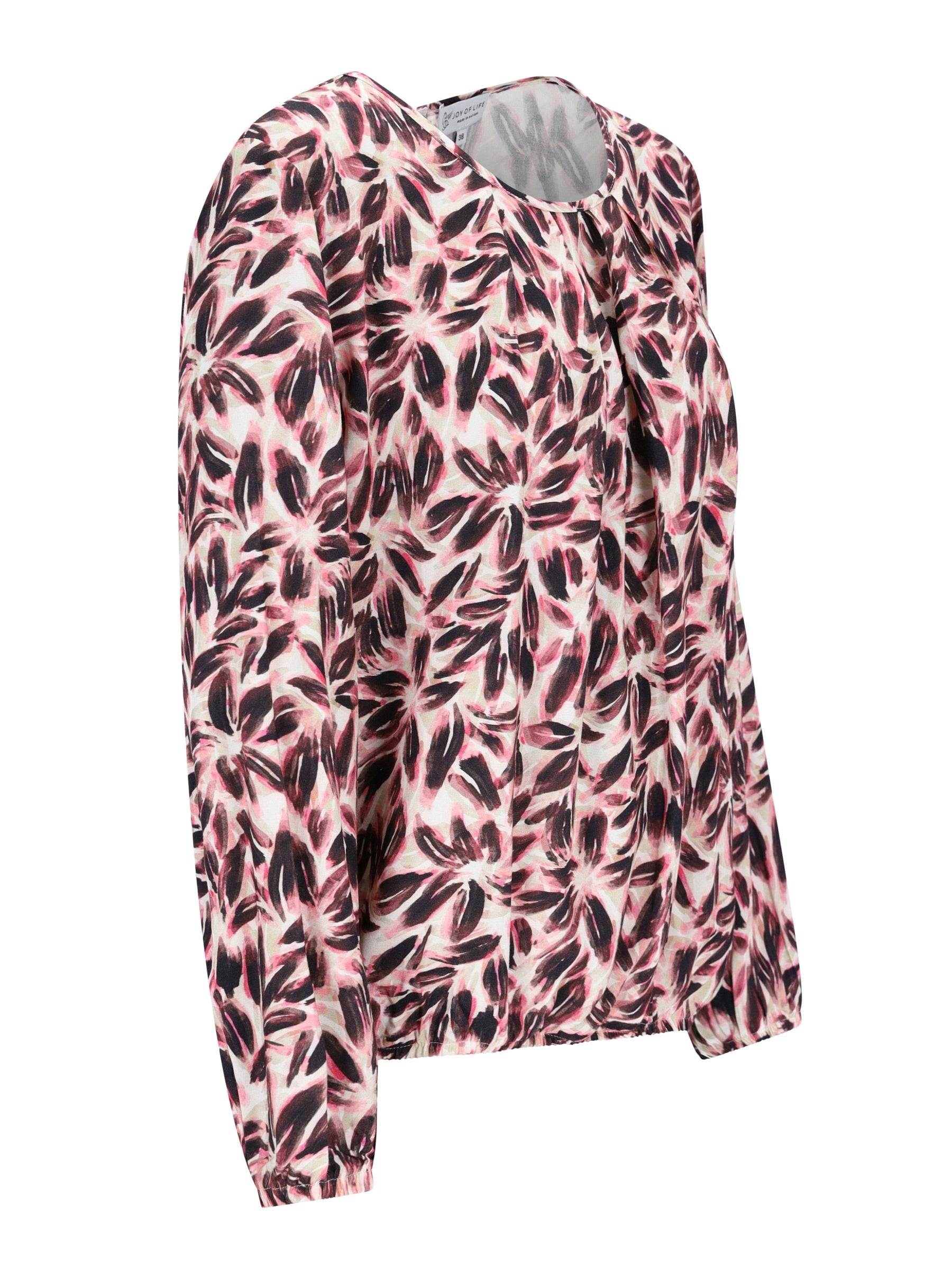 Rosa und schwarz geblümte langarmbluse bluse blütenprint aus leichtem stoff für elegante anlässe