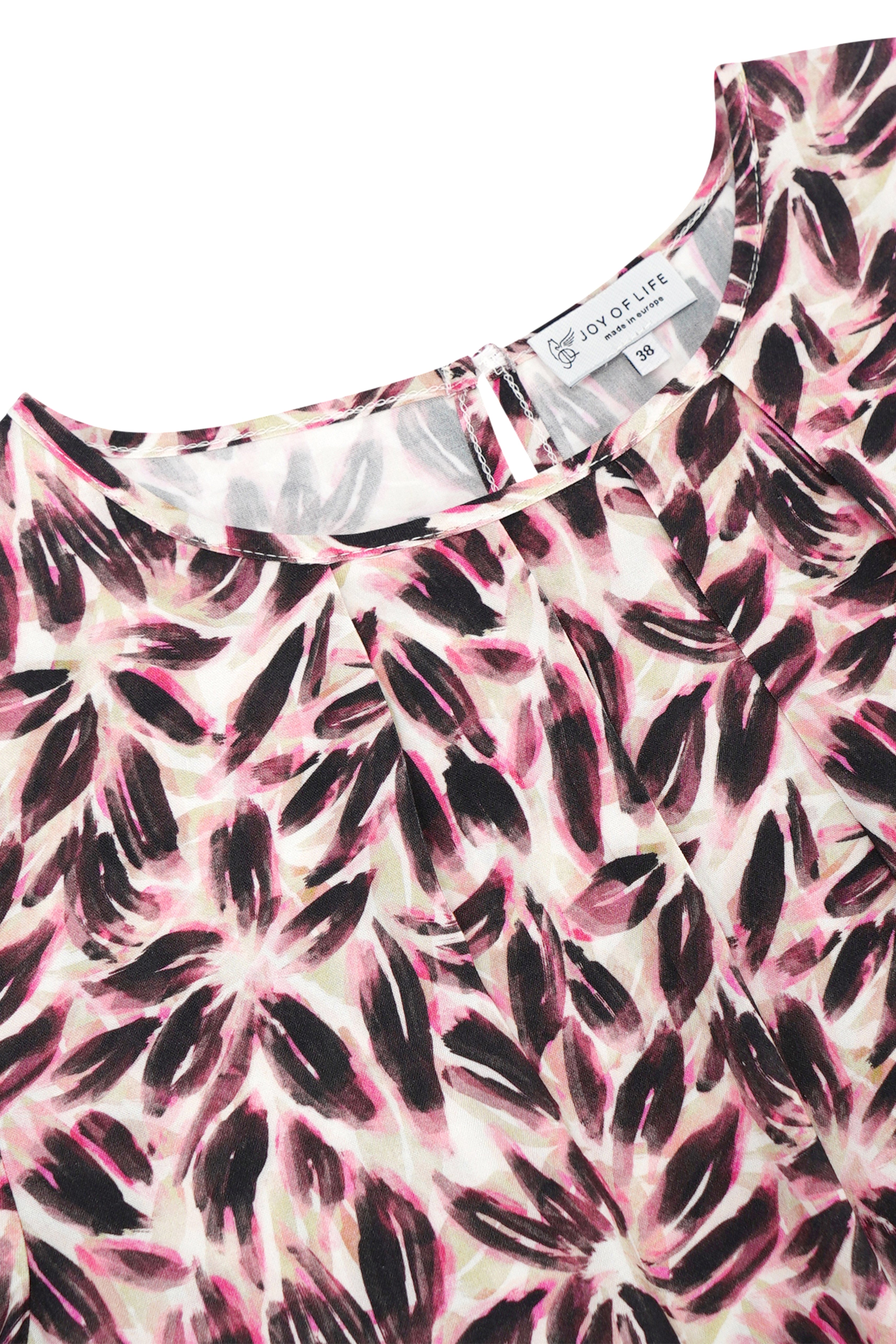 Bluse blütenprint mit lebhaftem pink-schwarzem blättermuster auf cremefarbener baumwolle mit rundhalsausschnitt joy of life label