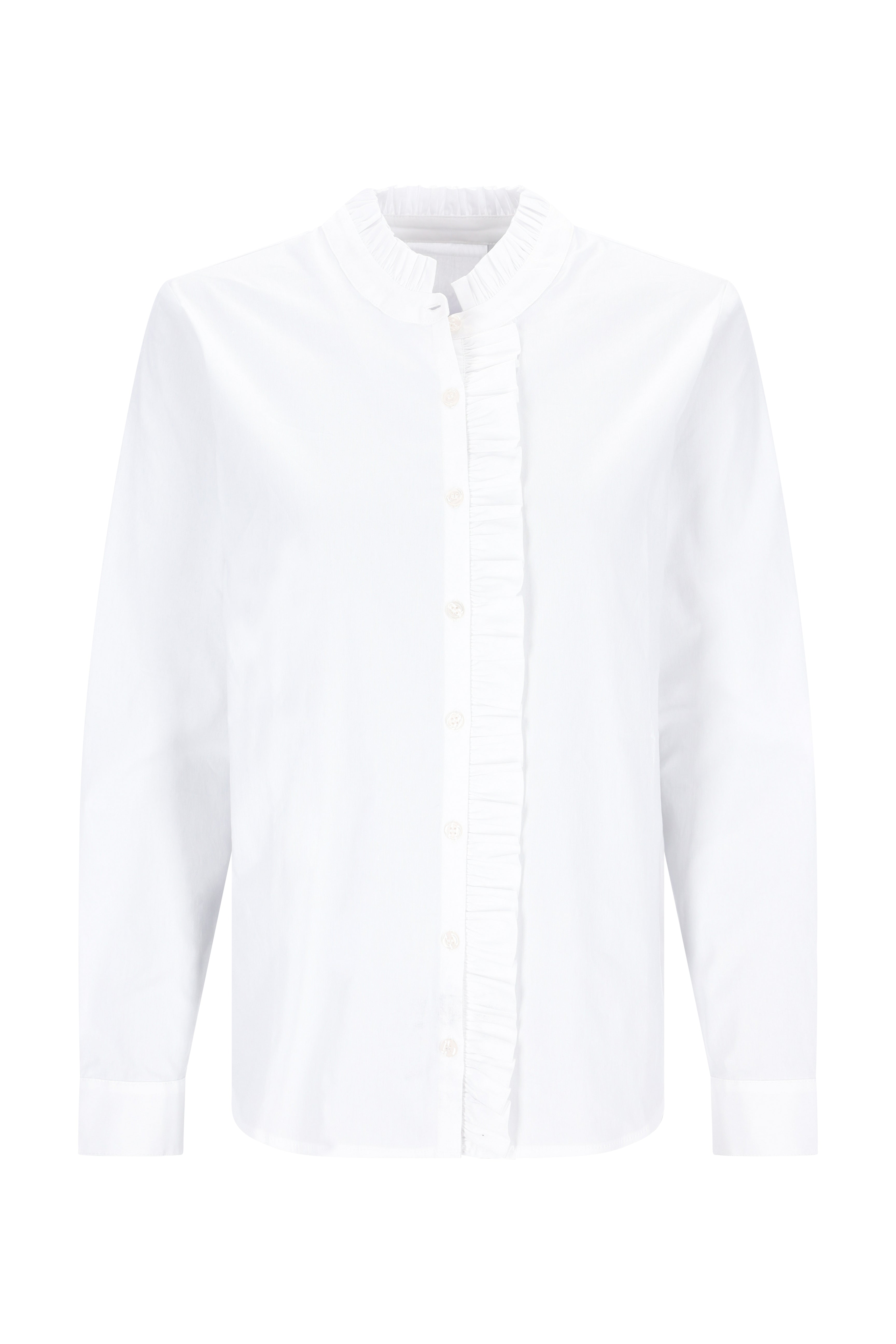 Weiße bluse mit rüschendetails, stehkragen und langen ärmeln aus baumwolle für elegante anlässe