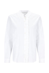 Weiße bluse mit rüschendetails, stehkragen und langen ärmeln aus baumwolle für elegante anlässe