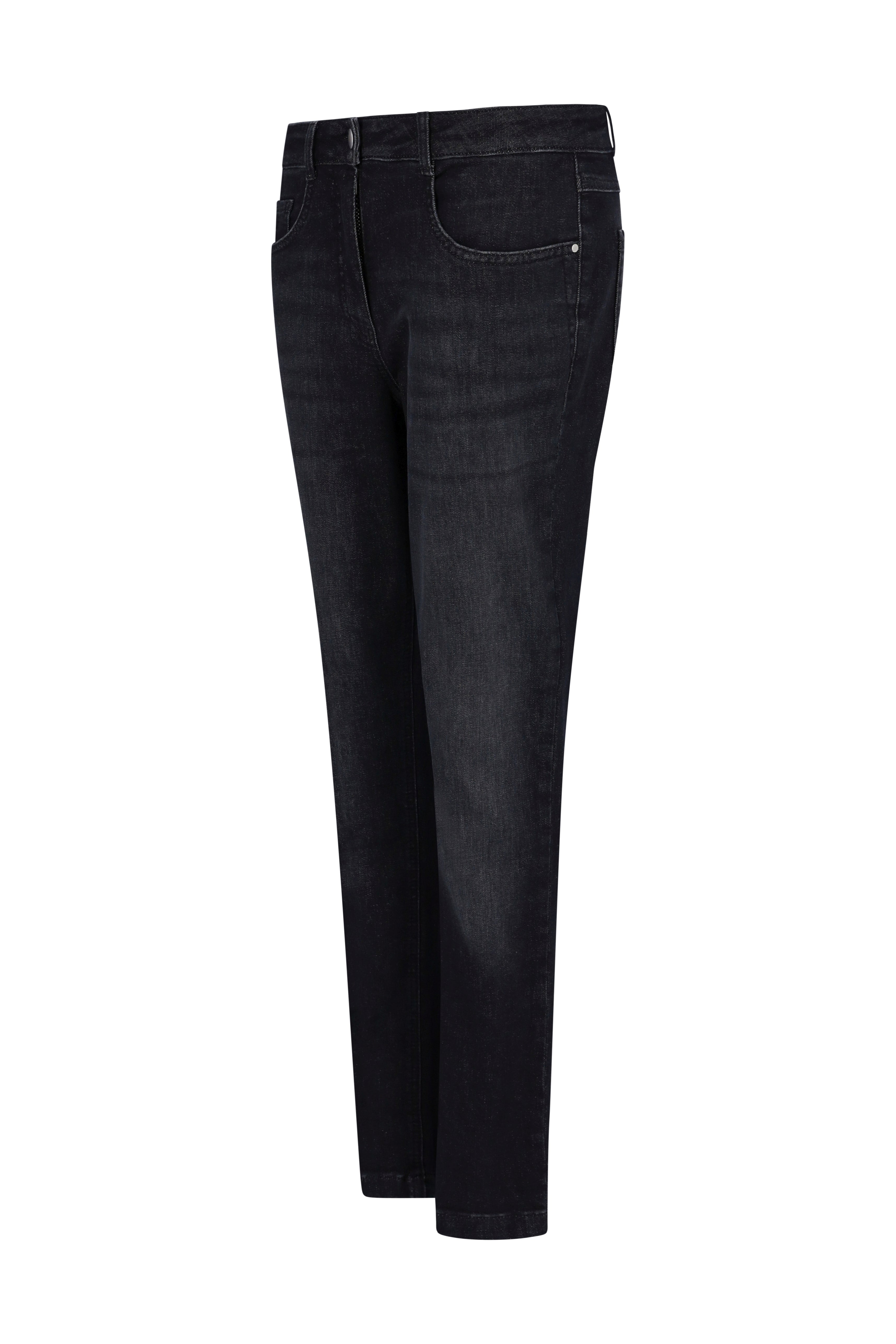 Schwarze jeans 5-pocket aus denim mit weißem label joy of life und denim am rückenteil
