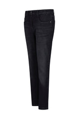 Schwarze jeans 5-pocket aus denim mit weißem label joy of life und denim am rückenteil