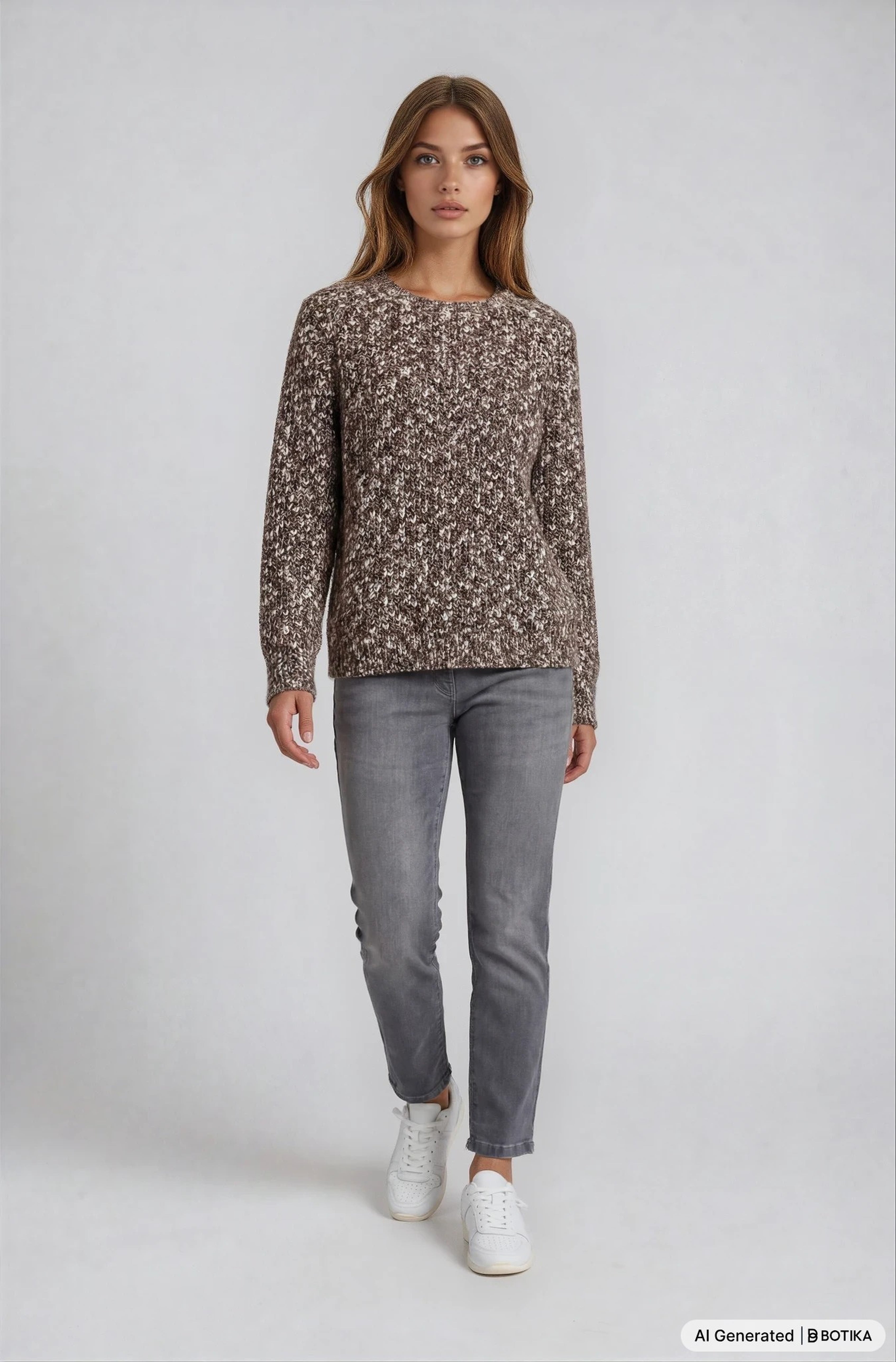 Ein gemütlicher langärmliger strickpullover in braun-beigem muster passend zu jeans 5-pocket