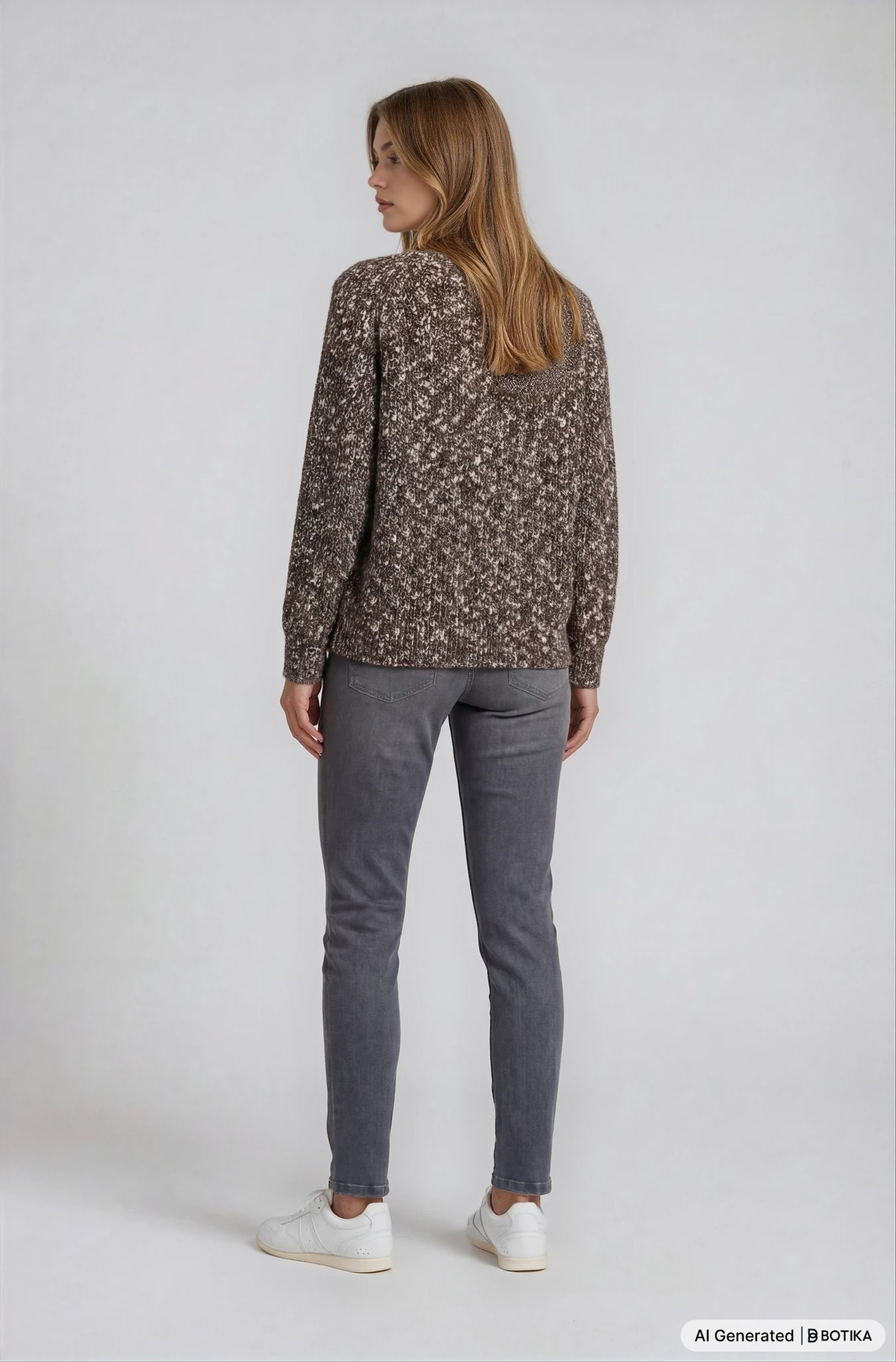 Eine frau trägt einen braun-beigen, locker sitzenden pullover mit jeans 5-pocket für einen lässigen look