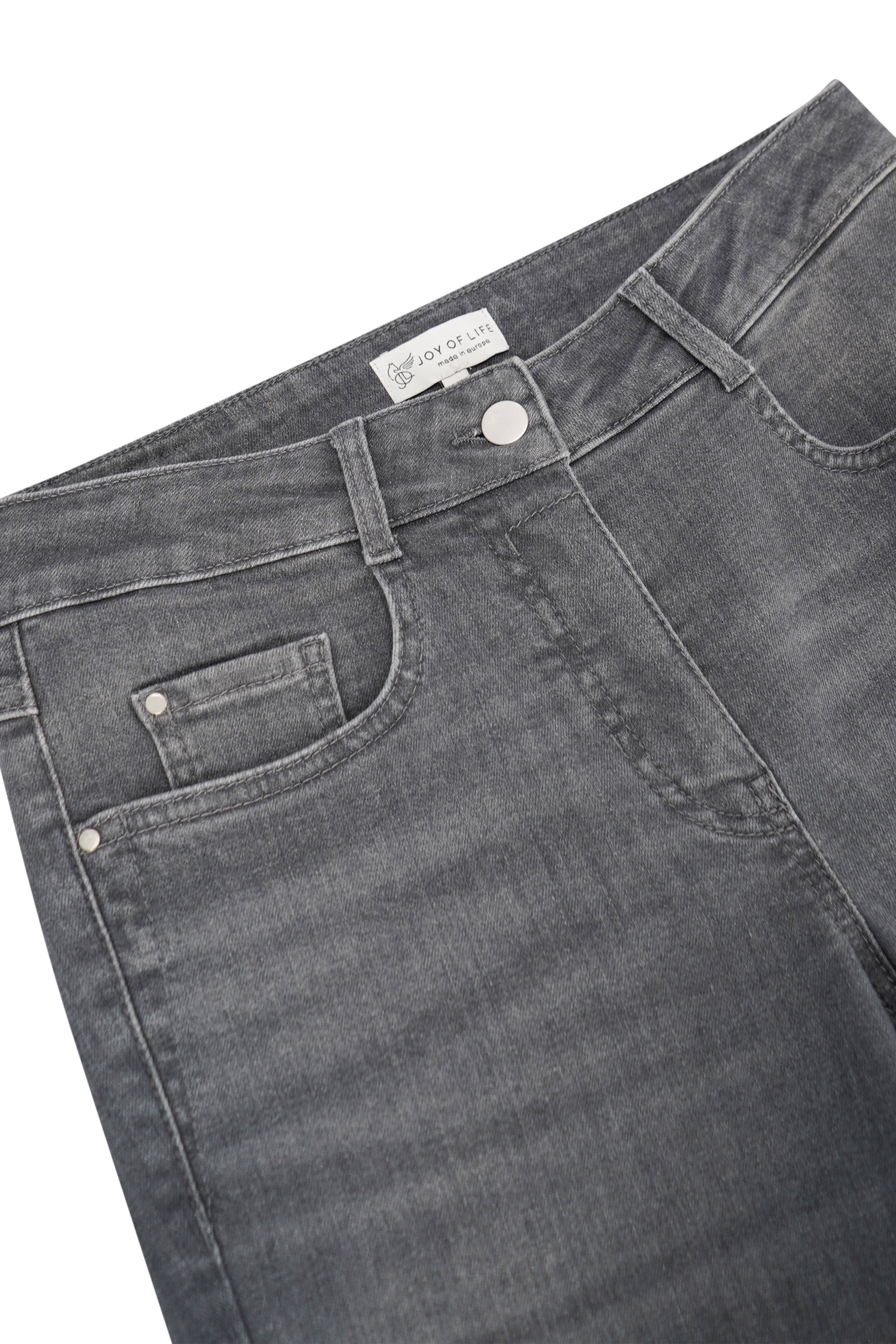 Dark gray denim jeans 5-pocket with subtle faded wash and white stitching along the seams