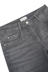 Dark gray denim jeans 5-pocket with subtle faded wash and white stitching along the seams