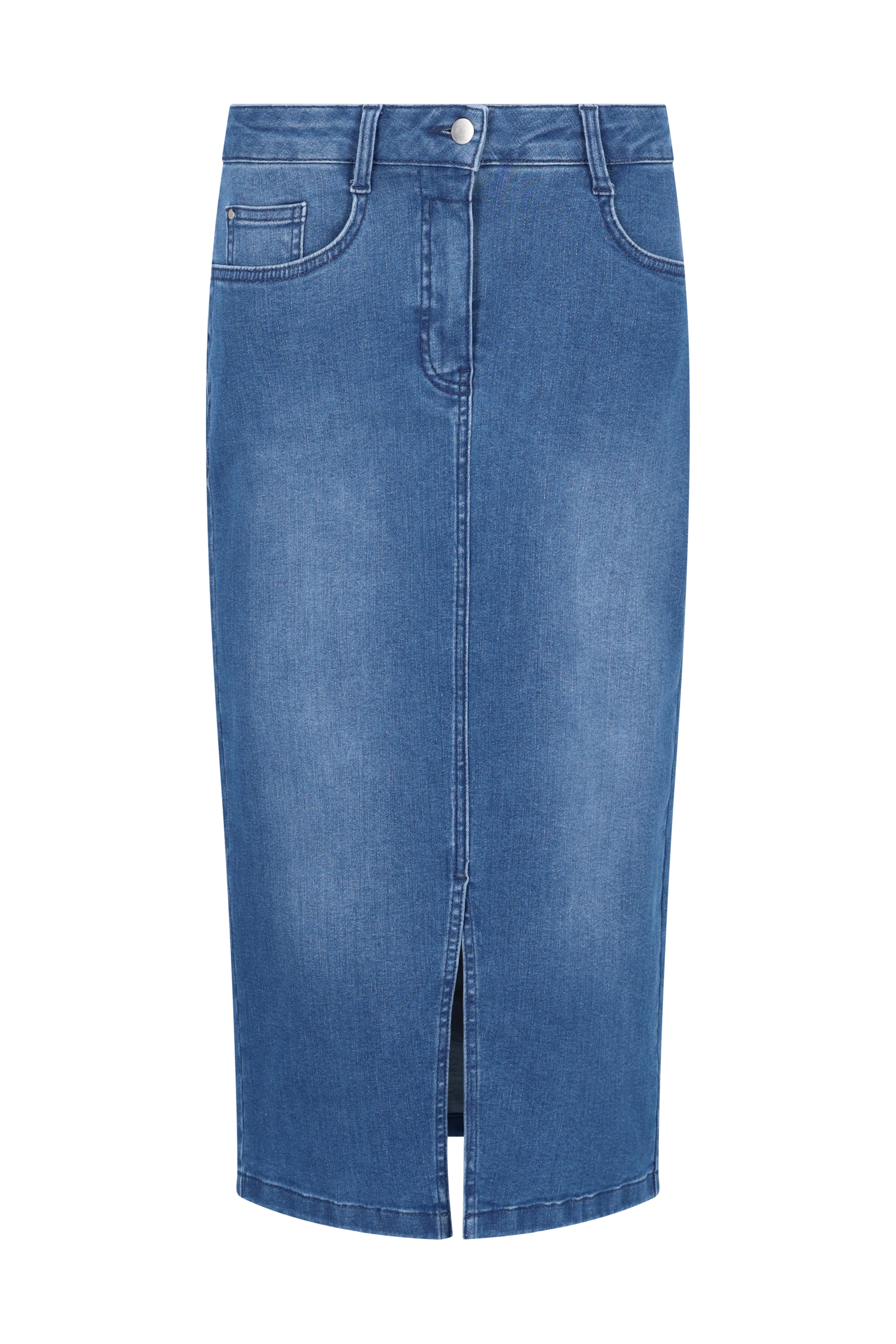 Mid-thigh length jeansrock 5-pocket in medium blue denim with front pockets and central zipper slit