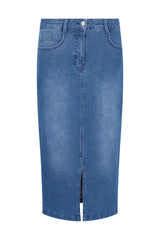 Mid-thigh length jeansrock 5-pocket in medium blue denim with front pockets and central zipper slit