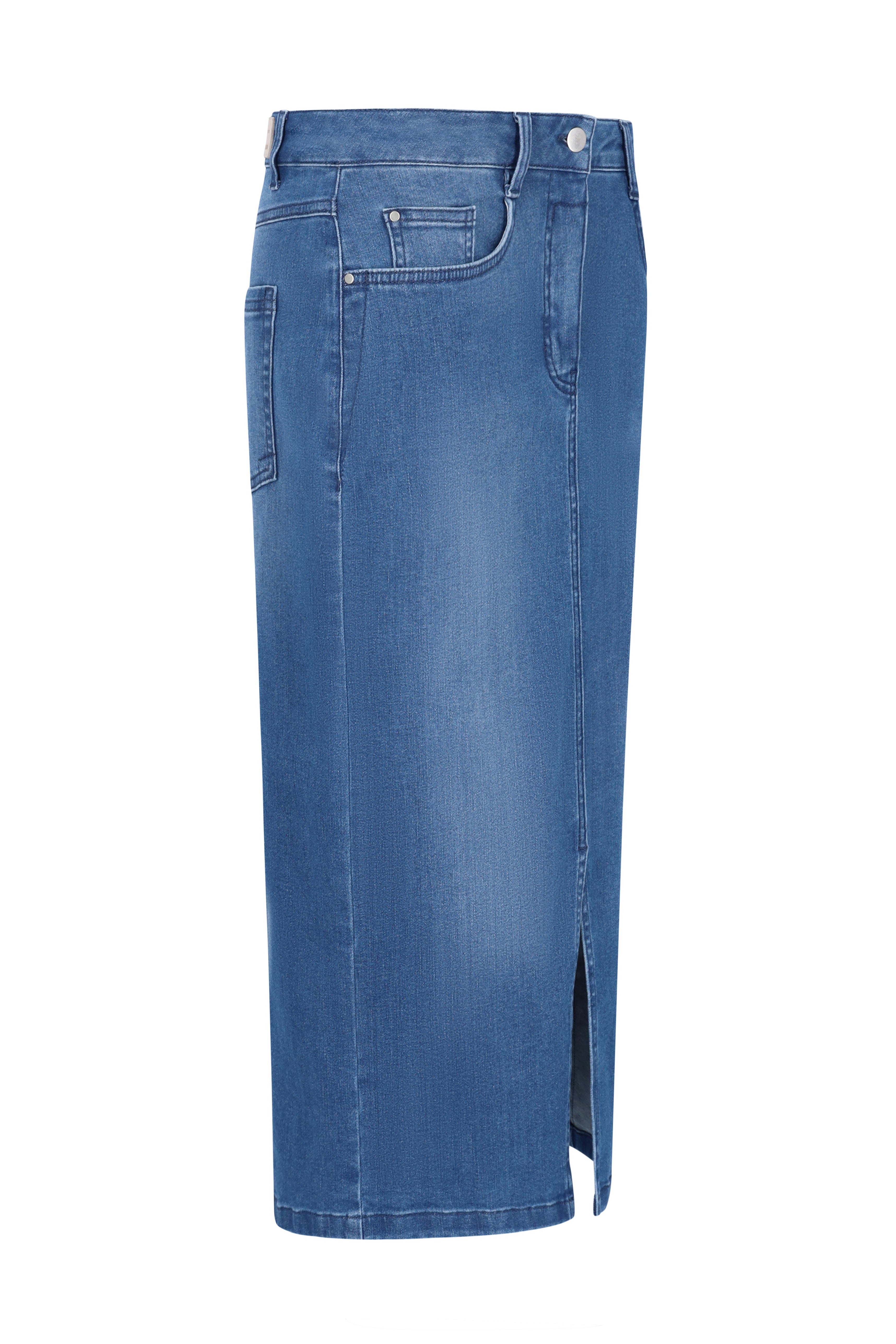 Midilanger jeansrock 5-pocket aus Denim in klassischem mittlerem Blau mit sichtbaren Nähten und vorderen Taschen