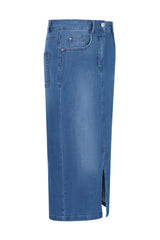 Midilanger jeansrock 5-pocket aus Denim in klassischem mittlerem Blau mit sichtbaren Nähten und vorderen Taschen