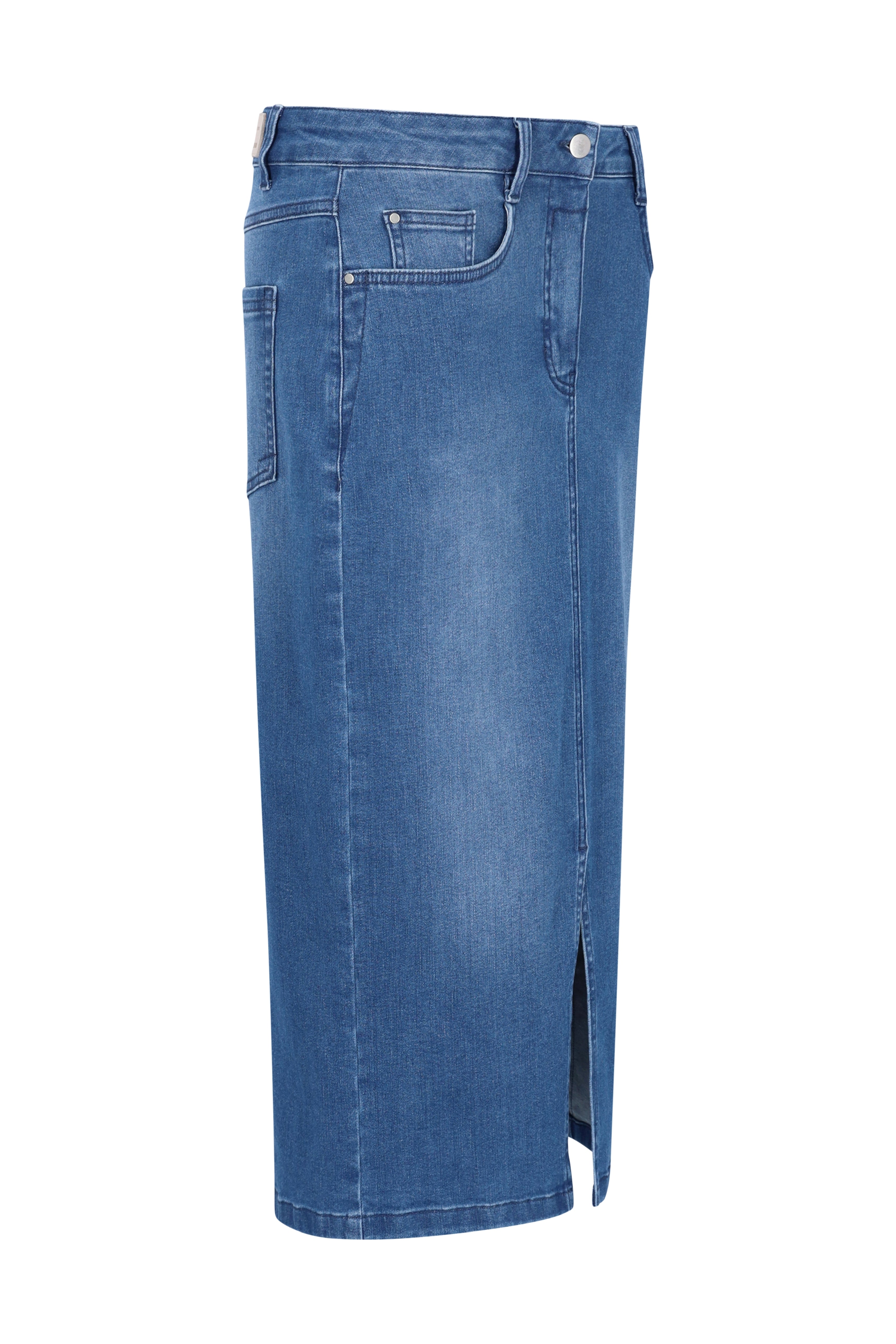 Midischlanker jeansrock 5-pocket in klassischem blau mit frontschlitz und knopfverschluss aus denim