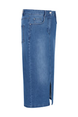 Midischlanker jeansrock 5-pocket in klassischem blau mit frontschlitz und knopfverschluss aus denim