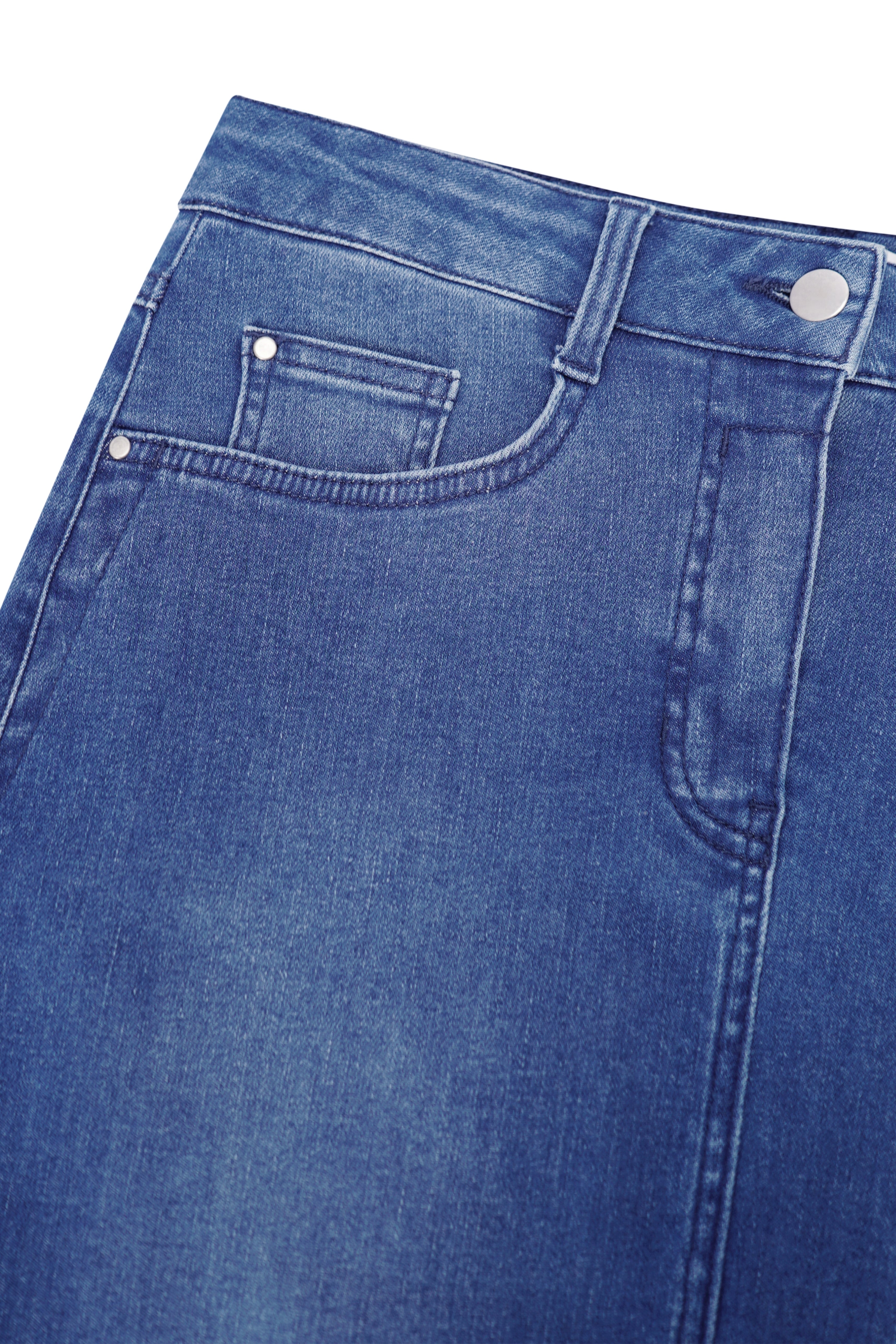Mid-wash blaue jeansrock 5-pocket aus denim mit klassischem fünf-taschen-design und silberfarbener knopfverschluss