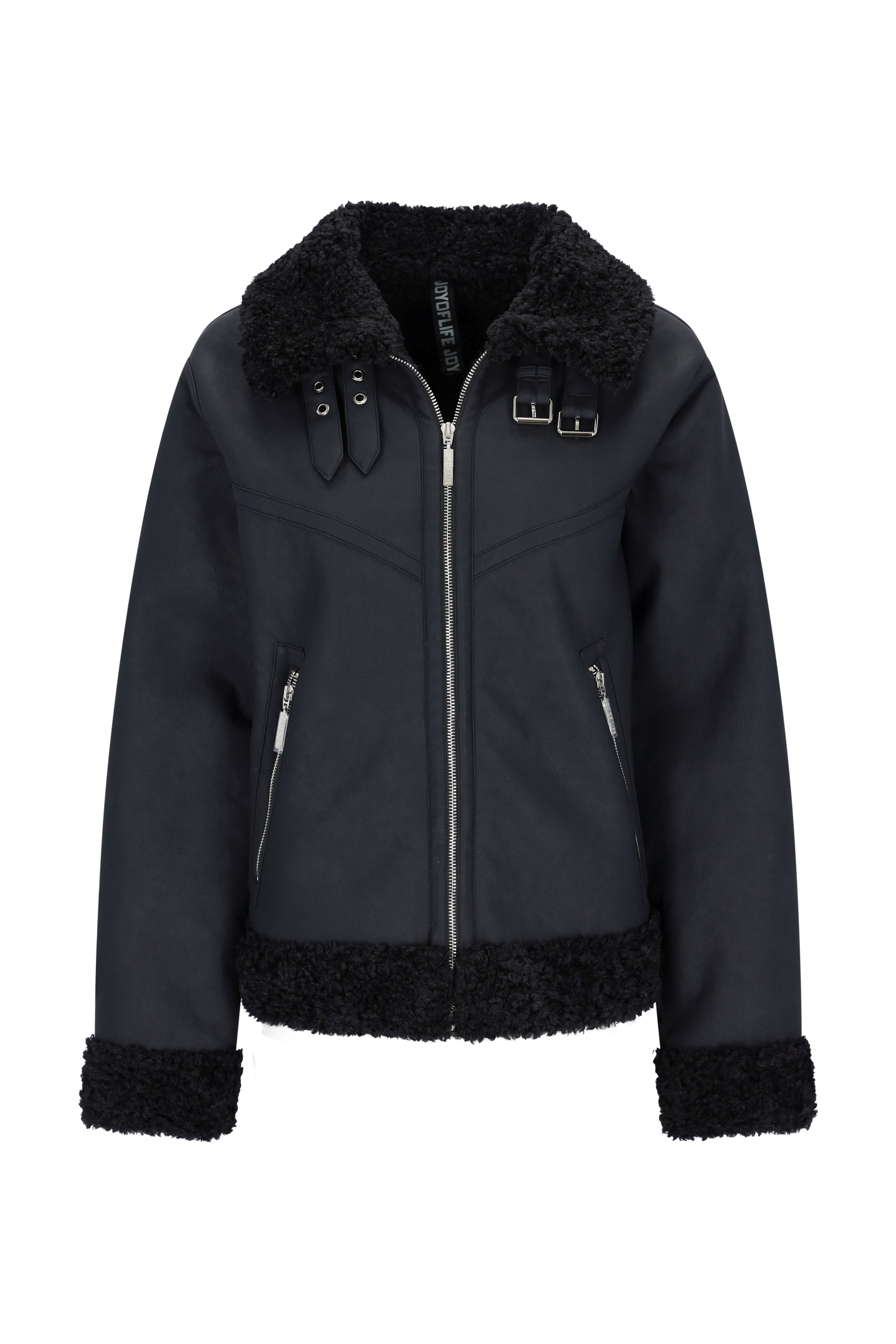Schwarze bomberjacke mit silbernen reißverschlüssen und schnallen in lammfelloptik mit sherlingfutter