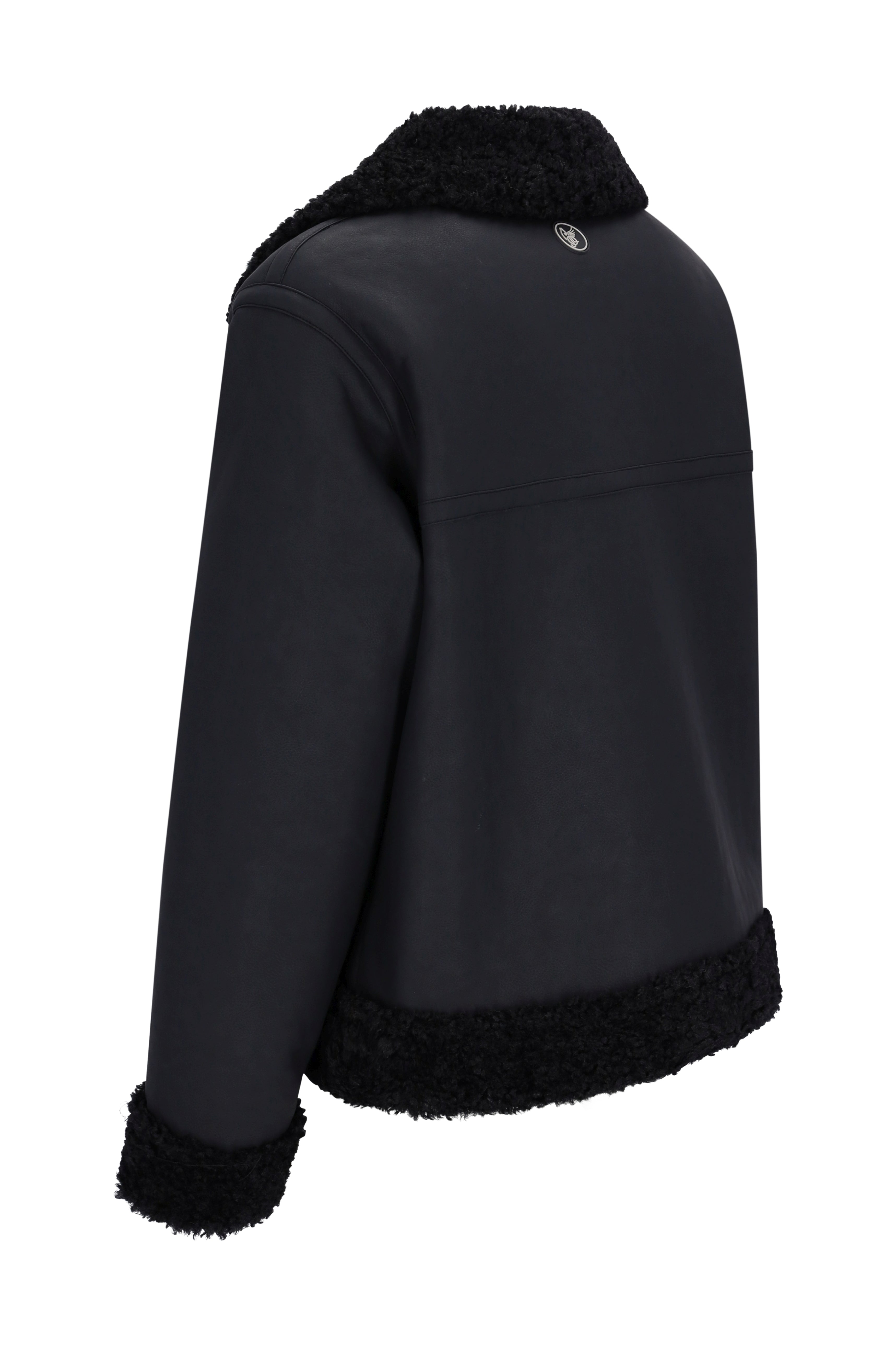 Schwarze jacke lammfelloptik mit mattfinish und pelzbesatz an kragen, Ärmeln und saum