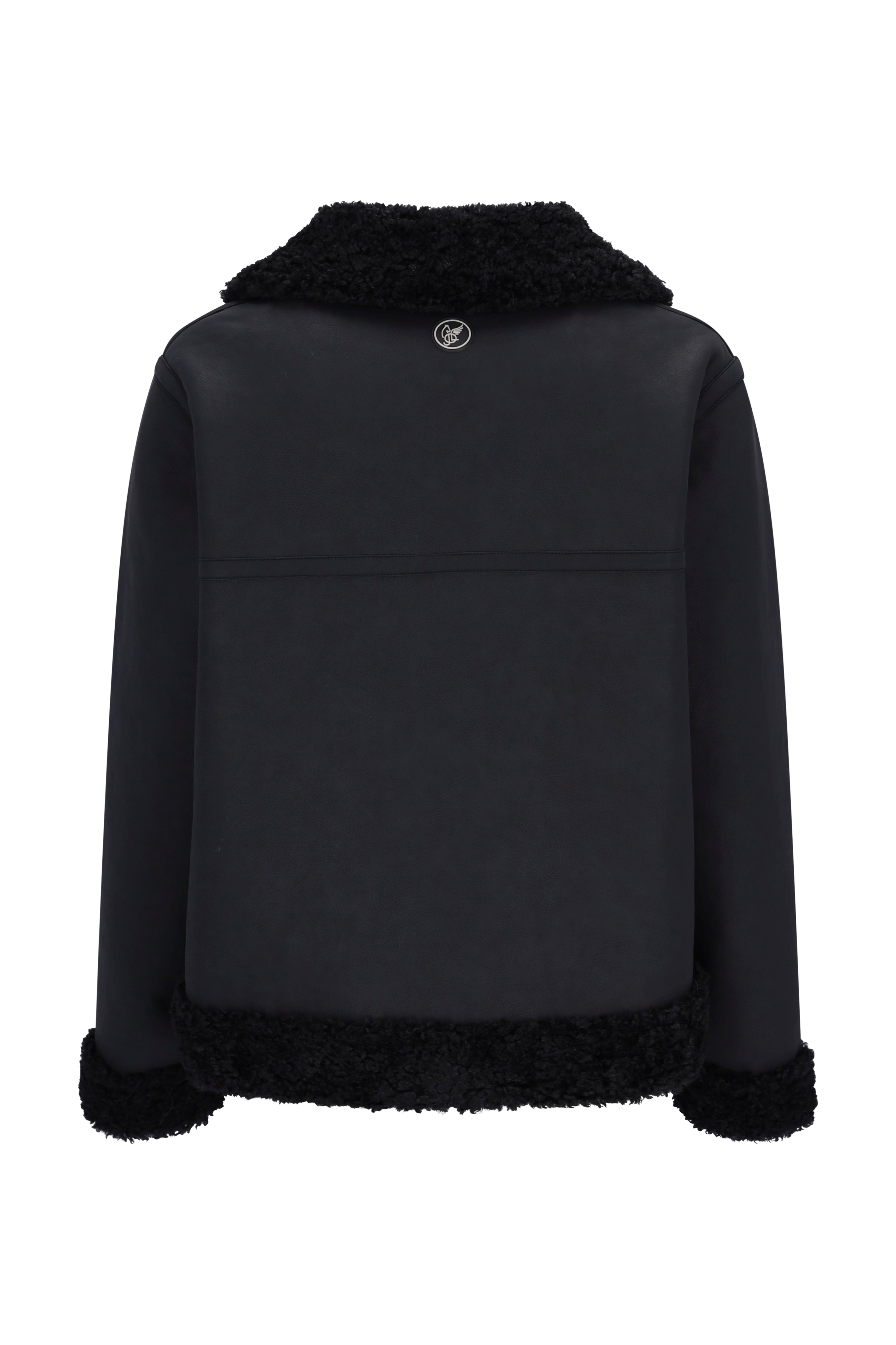 Schwarze Jacke Lammfelloptik mit mattem Finish und kontrastierendem schwarzem Fellbesatz an Kragen, Bündchen und Saum