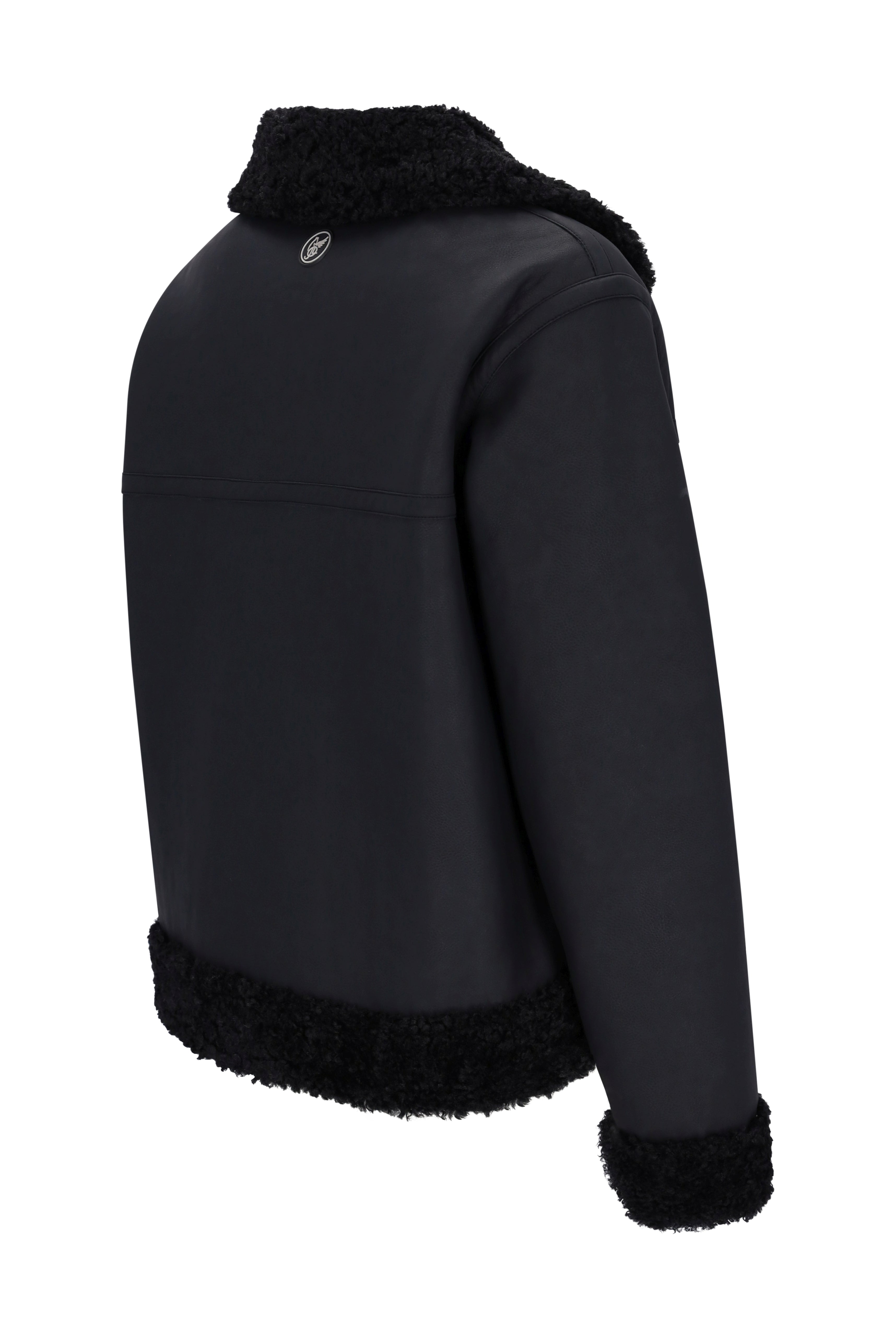 Schwarze jacke lammfelloptik mit mattierter oberfläche und kuscheligem fellbesatz an kragen, manschetten und saum