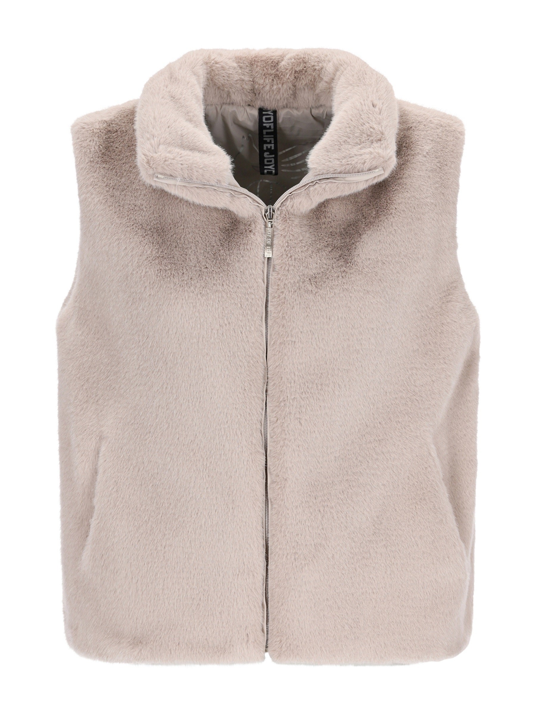 Hochwertige fake fur weste in hellbeige mit kuscheligem kragen und frontreißverschluss aus weichem kunstfell