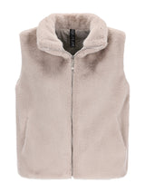 Hochwertige fake fur weste in hellbeige mit kuscheligem kragen und frontreißverschluss aus weichem kunstfell