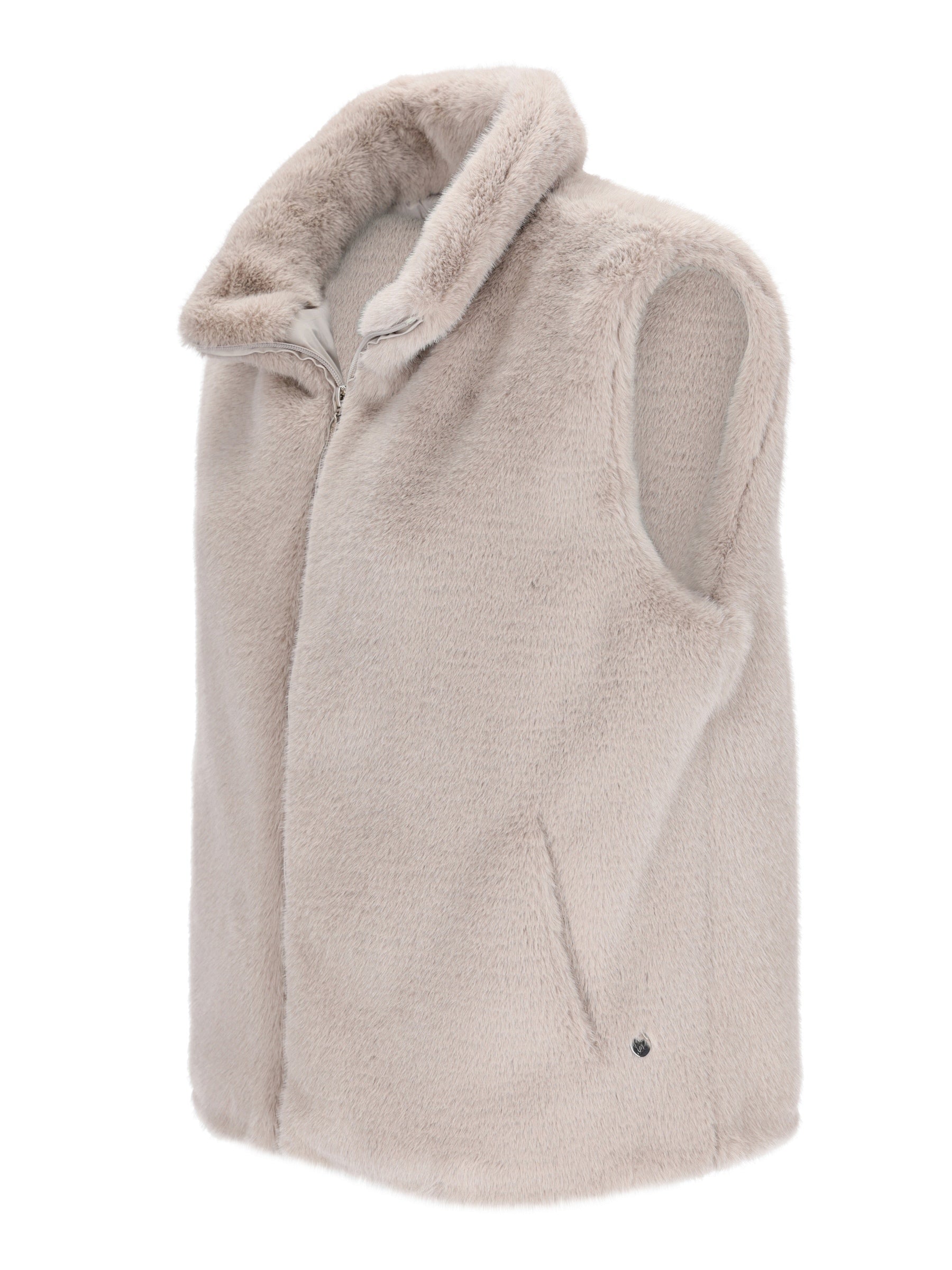 Hochwertige beige fake fur weste aus weichem kuscheligem kunstpelz mit hohem kragen