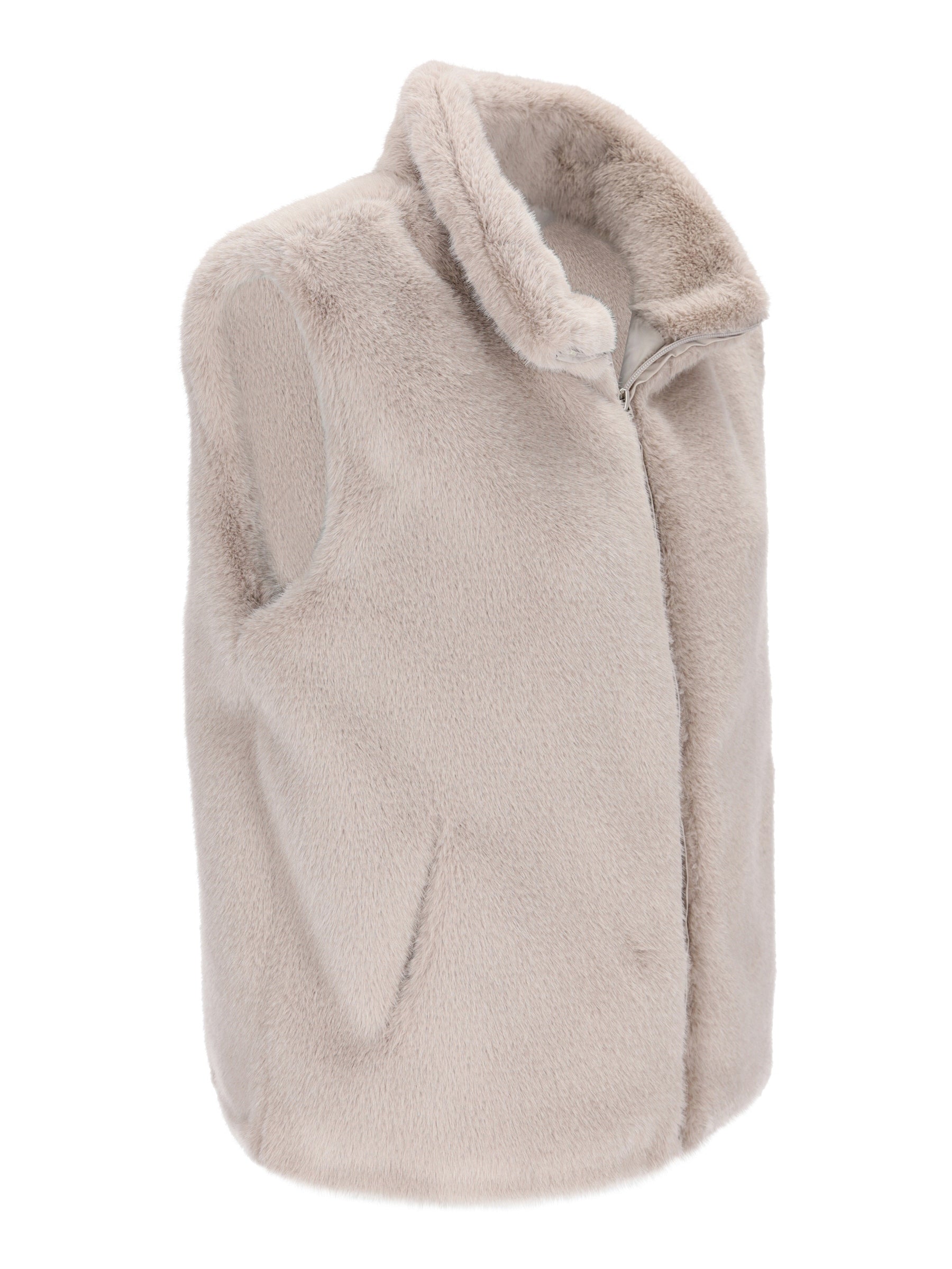 Beige hochwertige fake fur weste aus hochwertigem kunstfell mit hohem kragen und frontreißverschluss