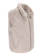 Beige hochwertige fake fur weste aus hochwertigem kunstfell mit hohem kragen und frontreißverschluss