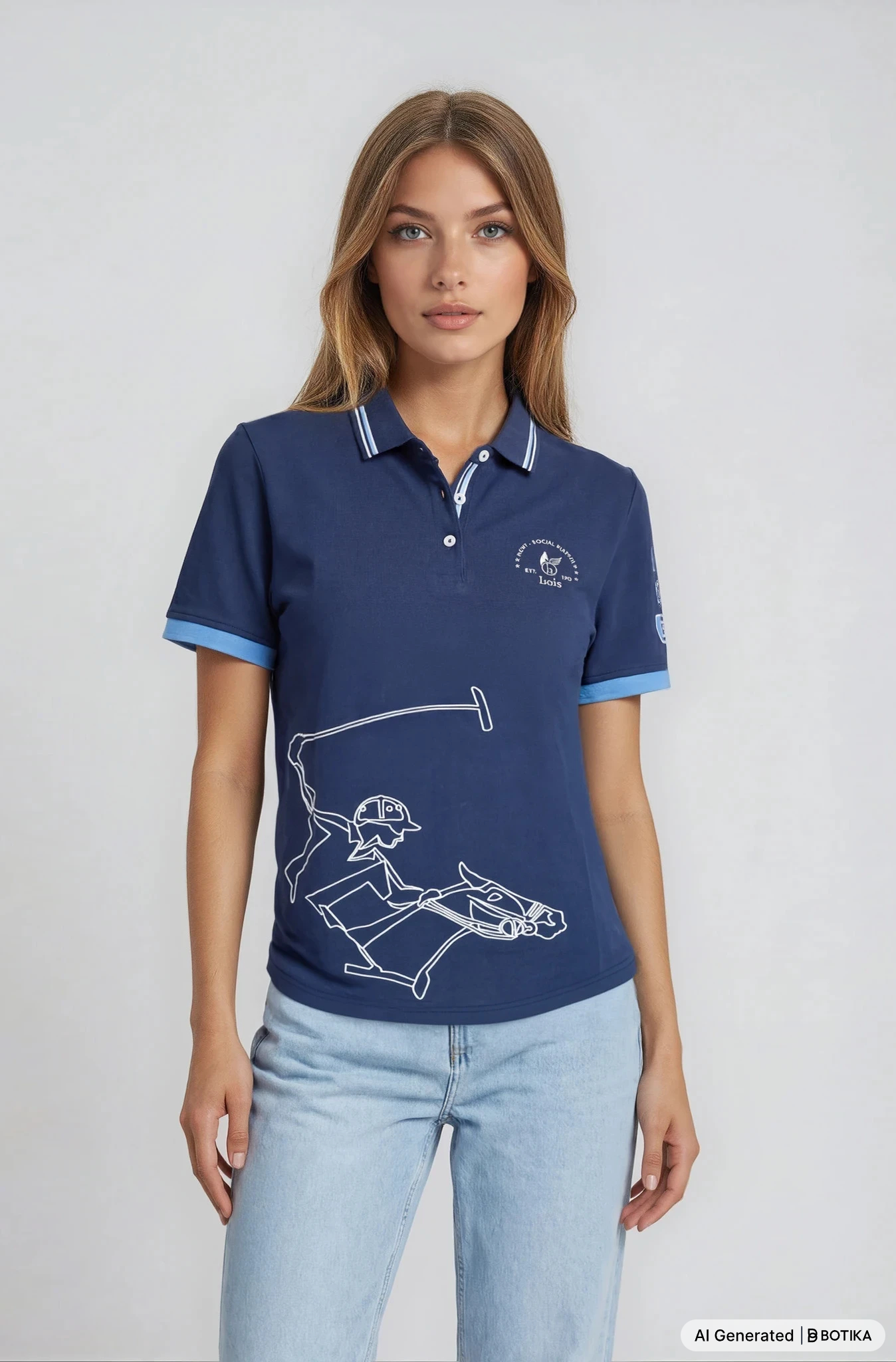 Navyblaue poloshirt polopique el polista mit weißem reitergrafik und hellblauen akzenten von hajo mode