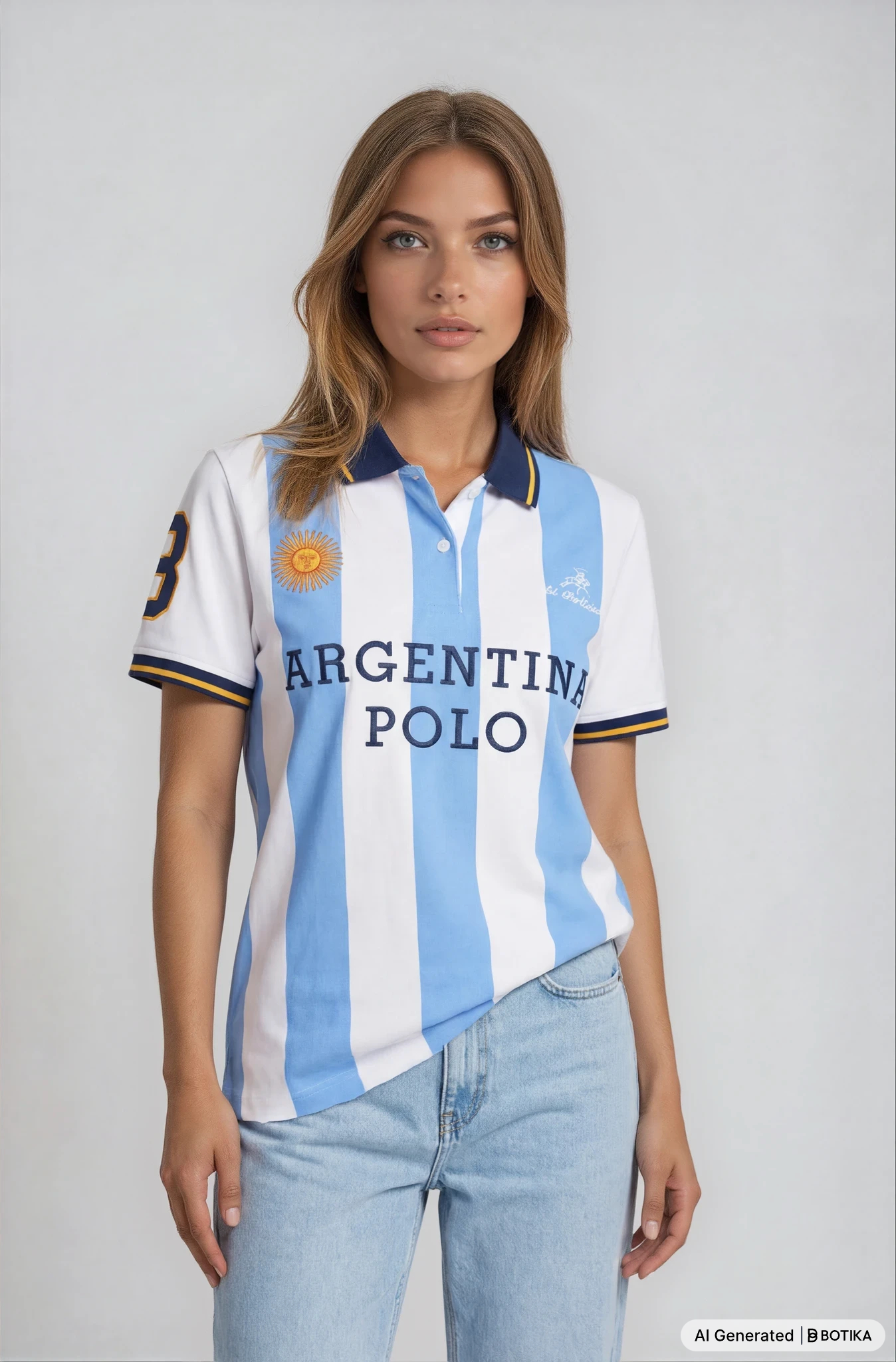 Damen kurzarm poloshirt polopique el polista mit hellblau weißen streifen und argentinien schriftzug von hajo mode