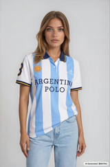 Damen kurzarm poloshirt polopique el polista mit hellblau weißen streifen und argentinien schriftzug von hajo mode