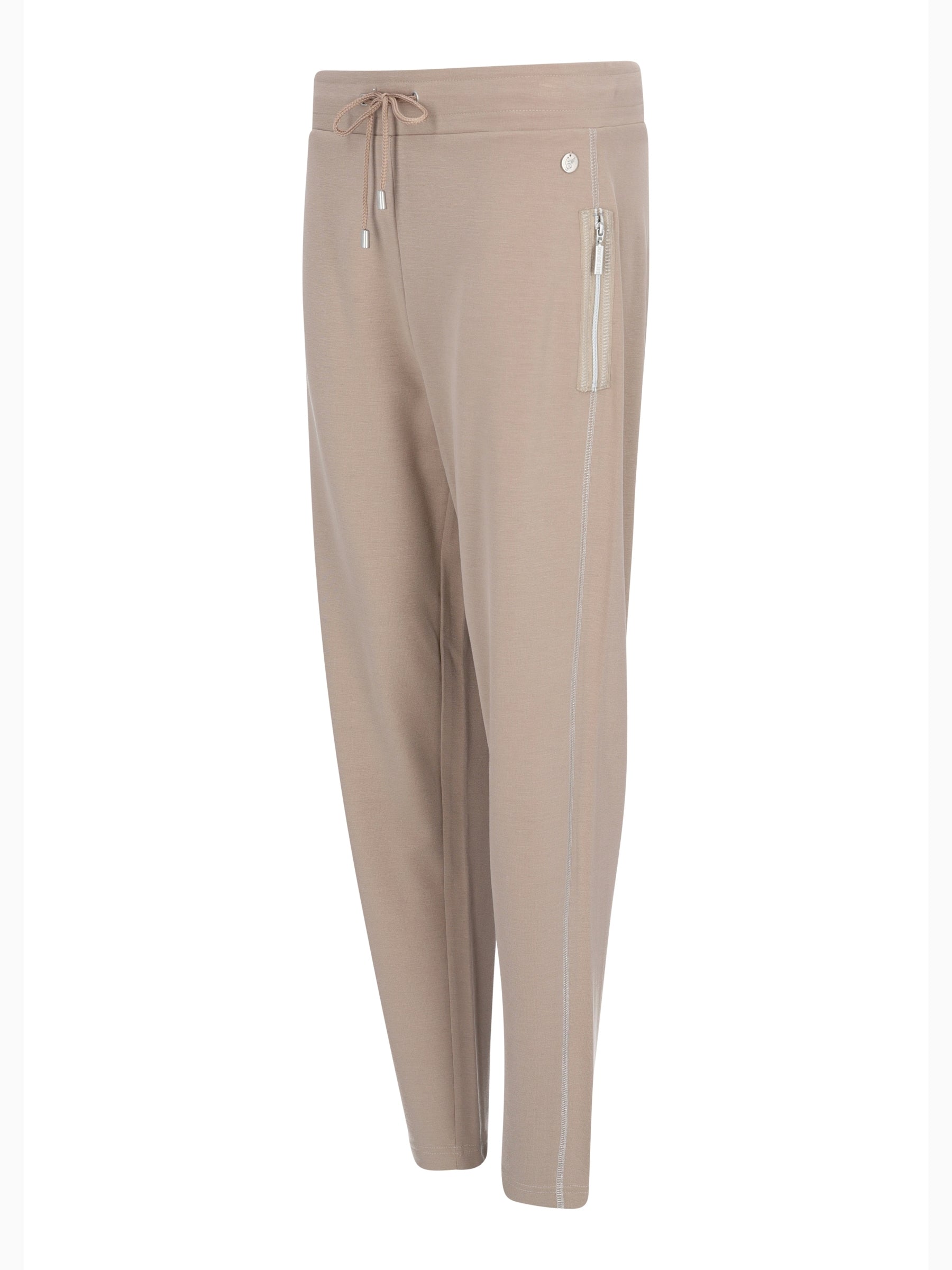Beige jersey joggpants mit taillenzug aus formstabilem interlock stretch mit seitlichen reißverschlusstaschen und nahtdetails