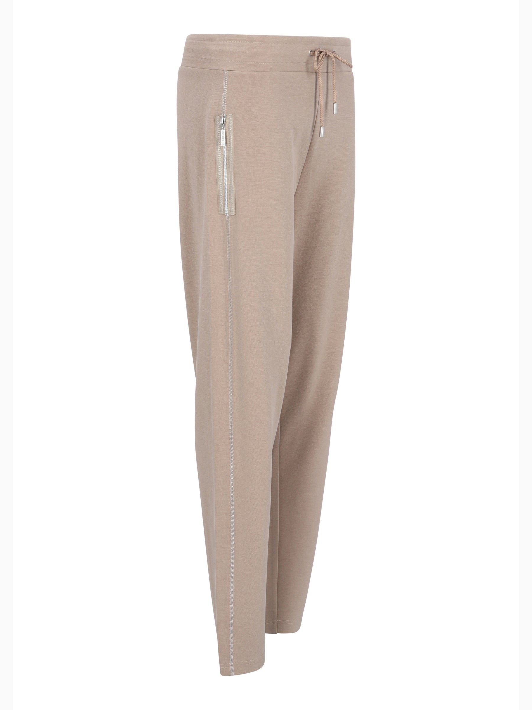 Beige jersey joggpants mit taillenzug und reißverschlusstaschen aus formstabilem interlock stretch für joy of life