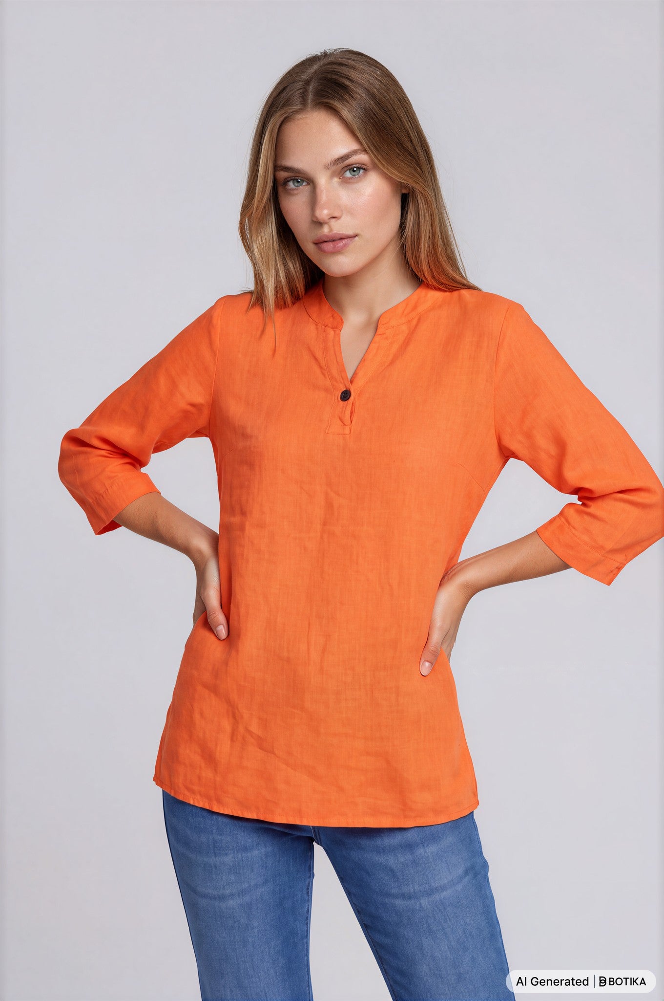Vibrante orange bluse soft linen mit subtiler struktur und 3/4 ärmeln aus weich fallendem leinenstoff