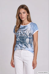 Blue and white shirt vt jacquard 1/2 arm graphic tee with distressed watercolor design and bold lettering