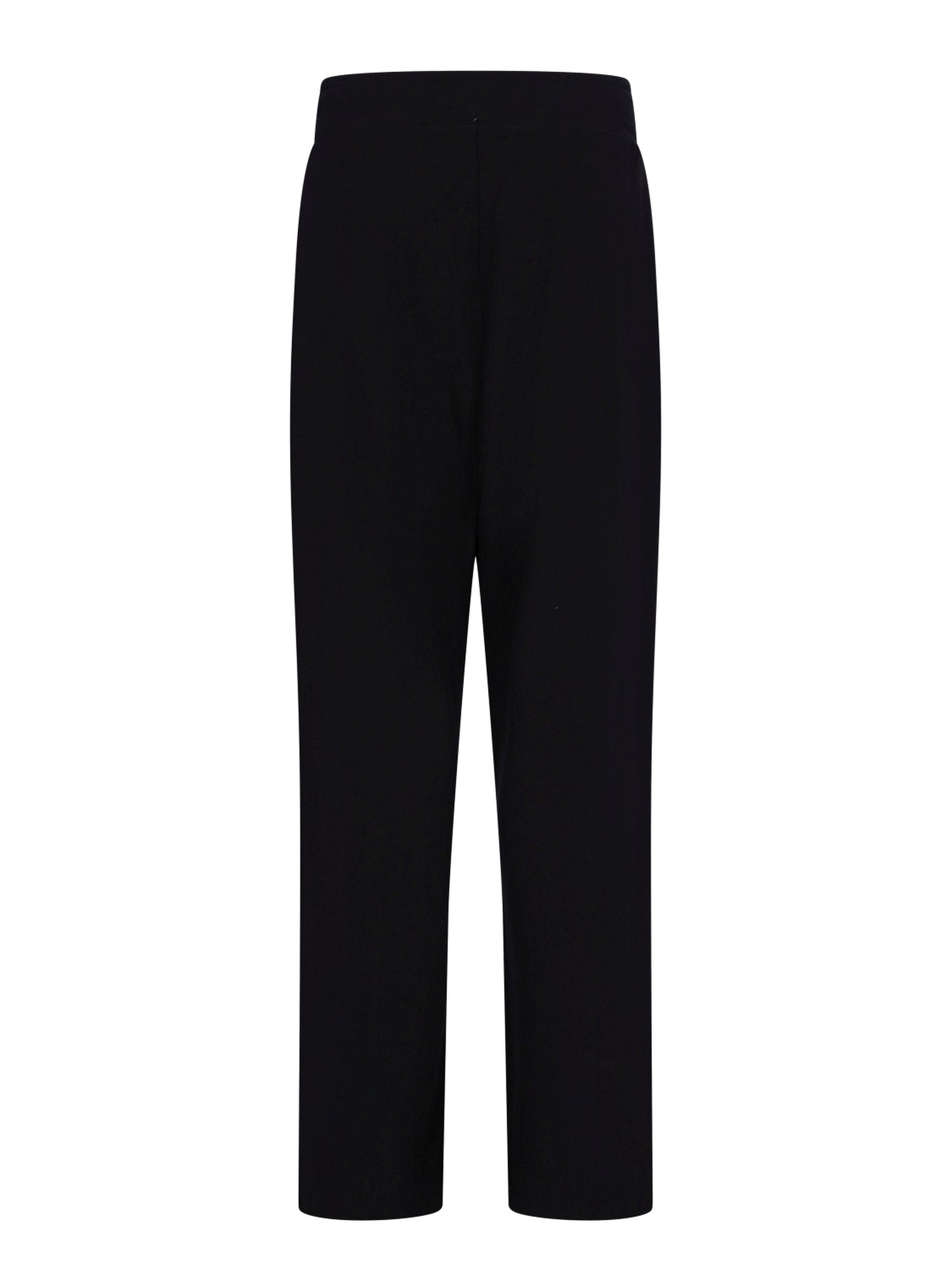 Schwarze gerade geschnittene Anzughosen mit hohem Bund und tailliertem Schnitt.