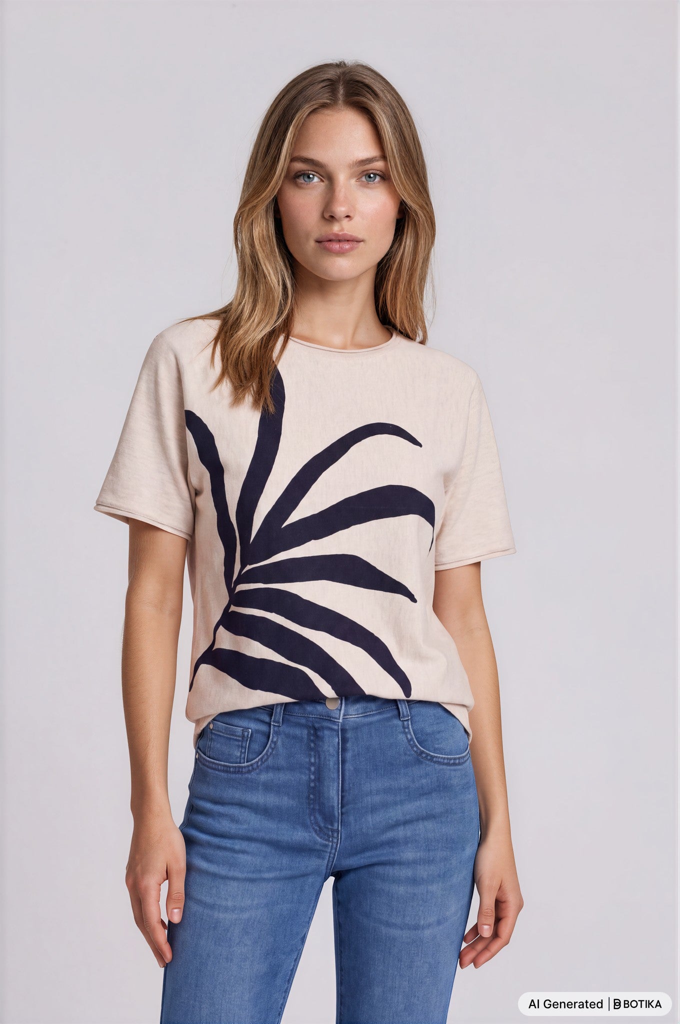 Beiger kurzarm t-shirt mit boldem dunkelblauem palmenblattmuster pullover überschnittene schulter design