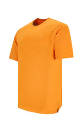 Einfarbig orangefarbenes T-Shirt mit Rundhalsausschnitt.