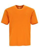 Einfarbig orangefarbenes T-Shirt mit Rundhalsausschnitt.