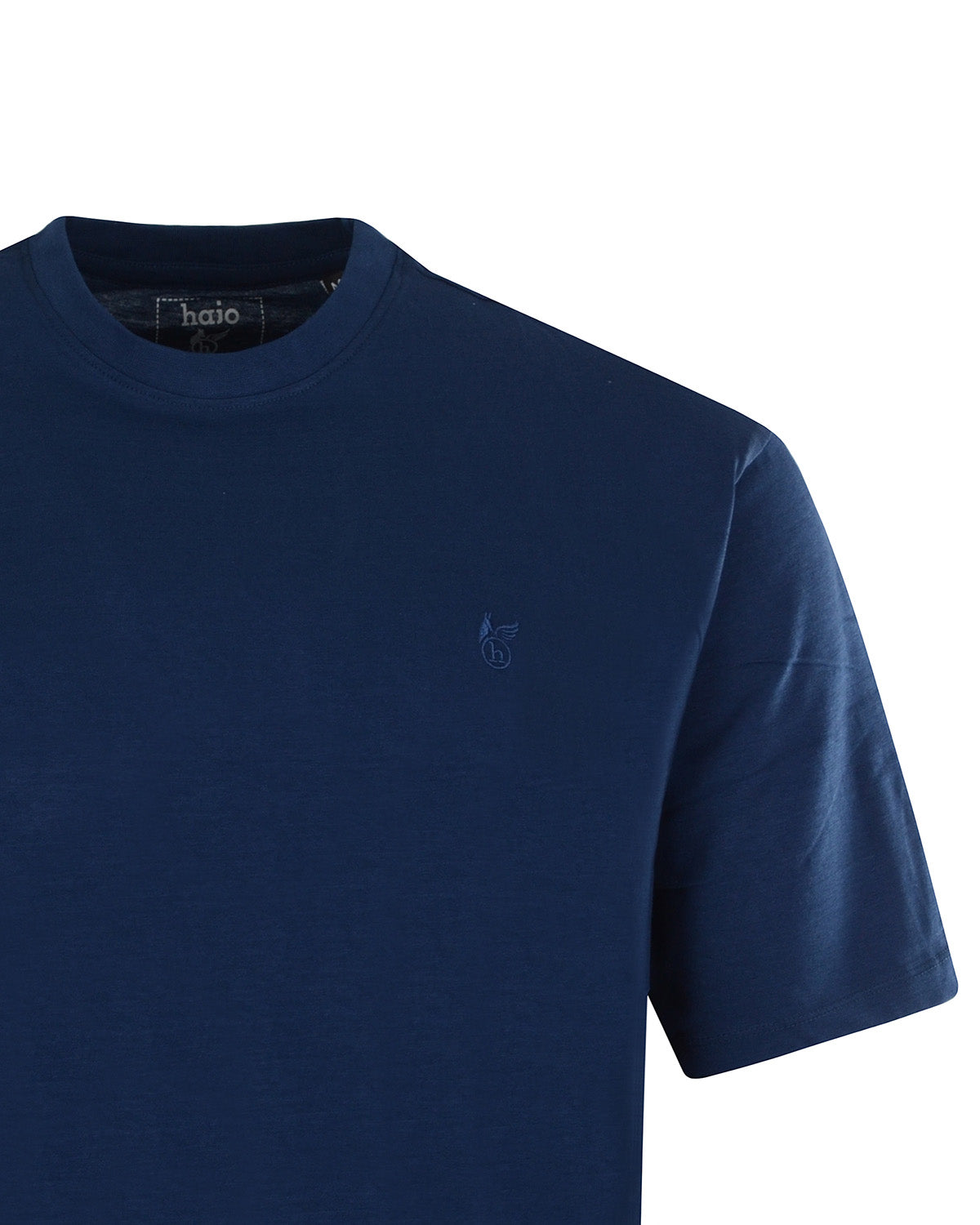 Marineblaues T-Shirt mit Rundhalsausschnitt und kleinem gesticktem Logo.