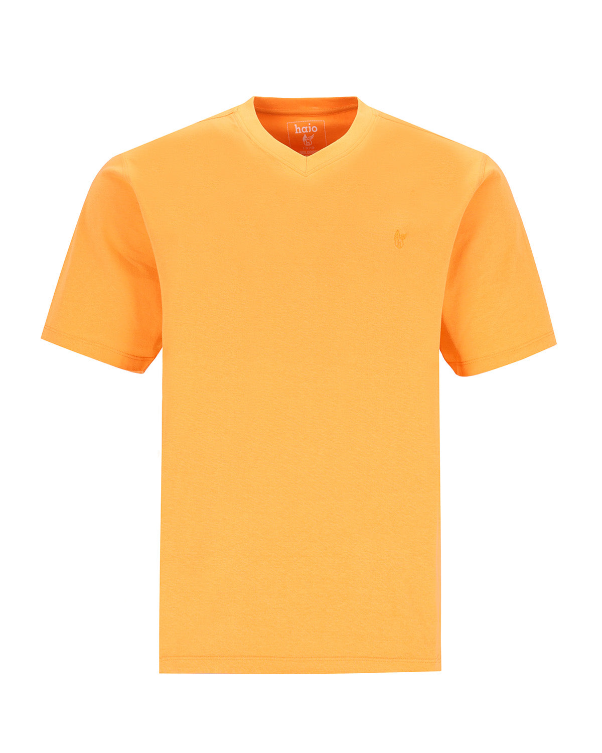 Einfarbig orangefarbenes T-Shirt mit V-Ausschnitt.