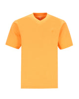 Einfarbig orangefarbenes T-Shirt mit V-Ausschnitt.