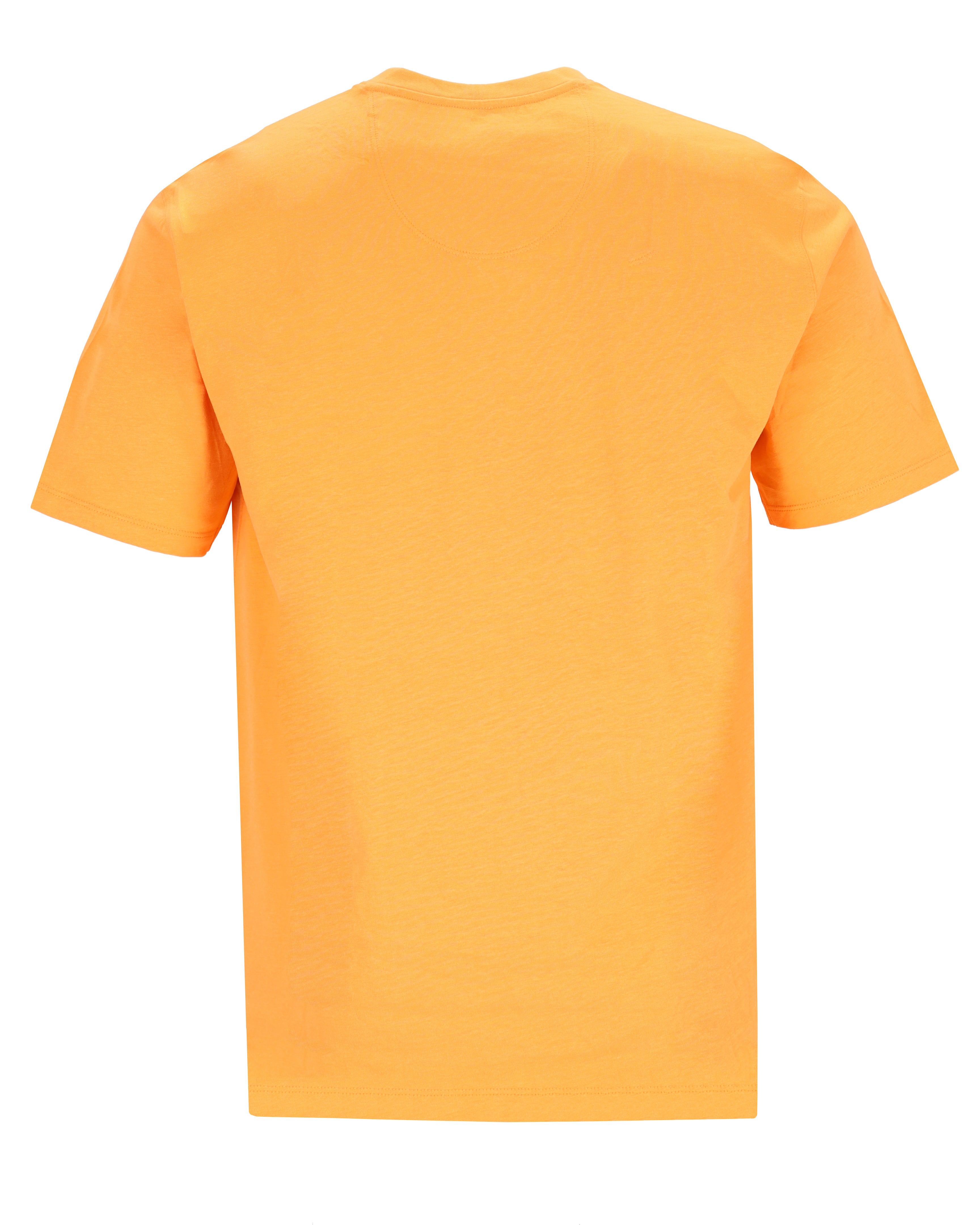 Einfarbig orangefarbenes T-Shirt mit Rundhalsausschnitt.