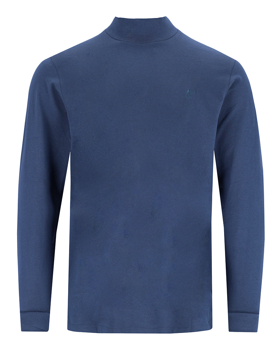 Marineblauer Pullover mit Rollkragen und langen Ärmeln.