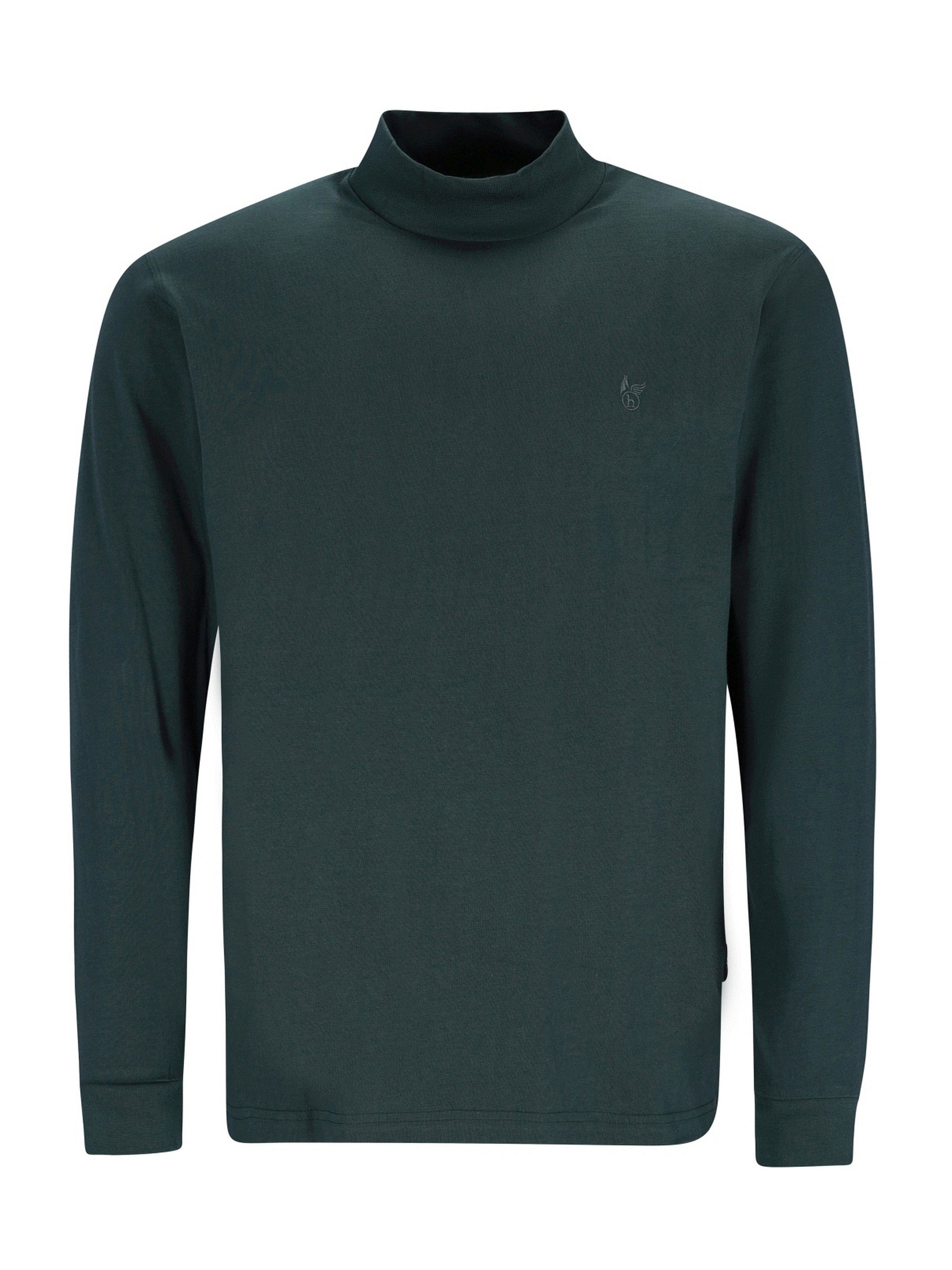Dunkelgrüner Rollkragenpullover mit kleinem Logo auf der Brust.