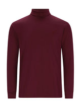 Marineblauer Rollkragenpullover mit kleinem Logo auf der Brust.