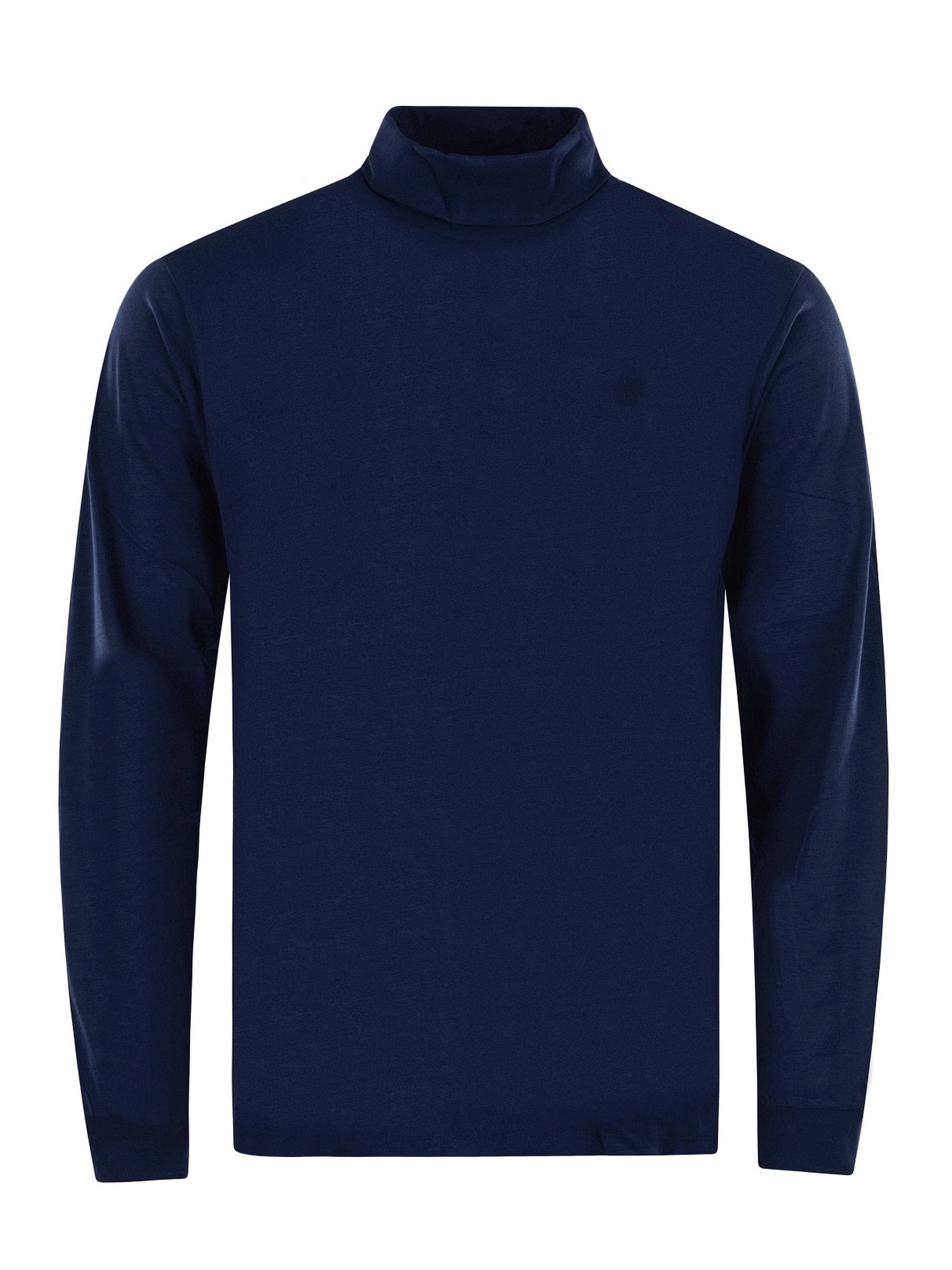 Marineblauer Rollkragenpullover mit kleinem Logo auf der Brust.