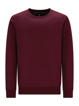 Bordeaux-farbene Rundhals-Sweatshirt mit gerippten Bündchen und Saum, wahrscheinlich aus Baumwolle oder Polyester-Mischung gefertigt.