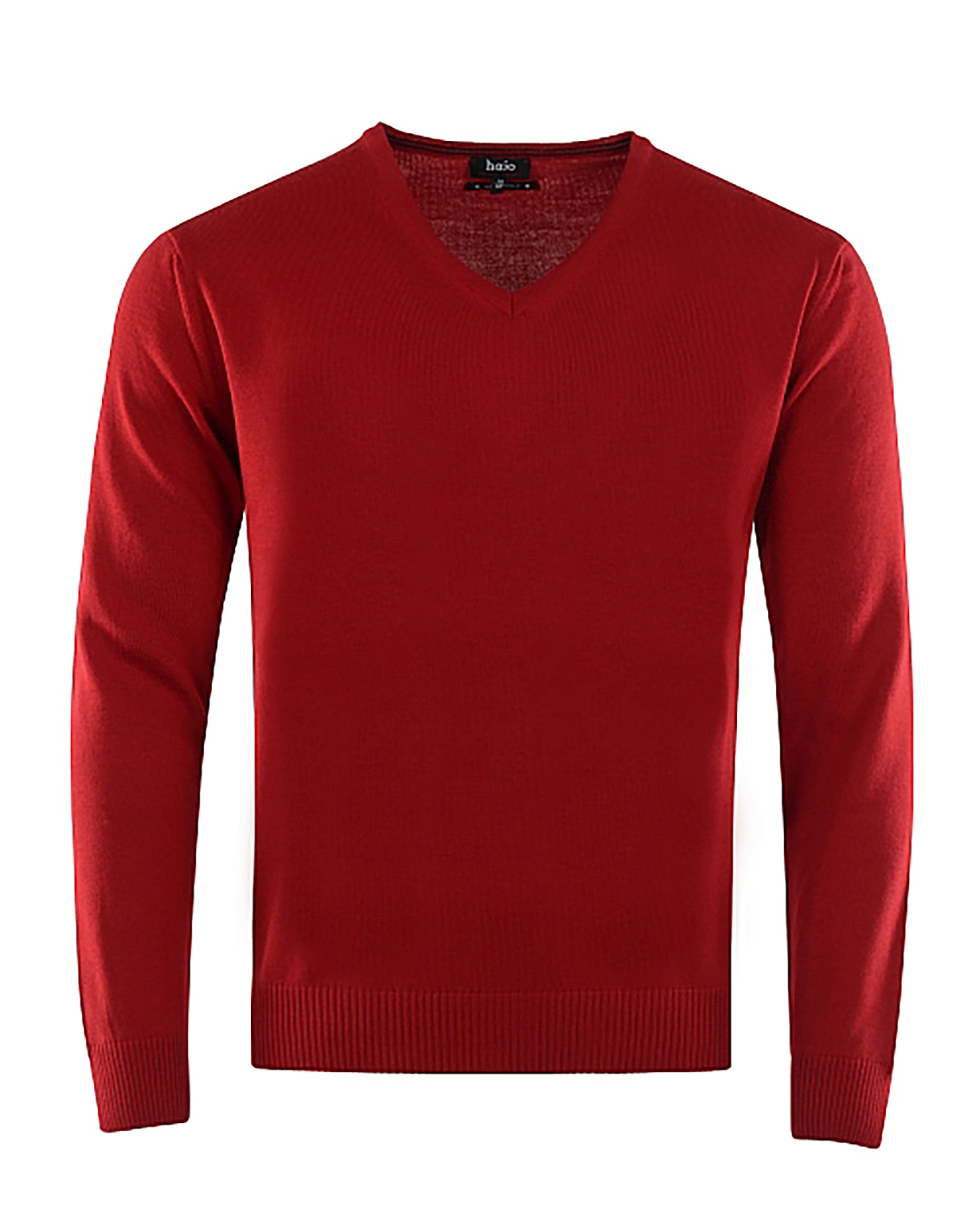 Roter Strickpullover mit V-Ausschnitt und langen Ärmeln.